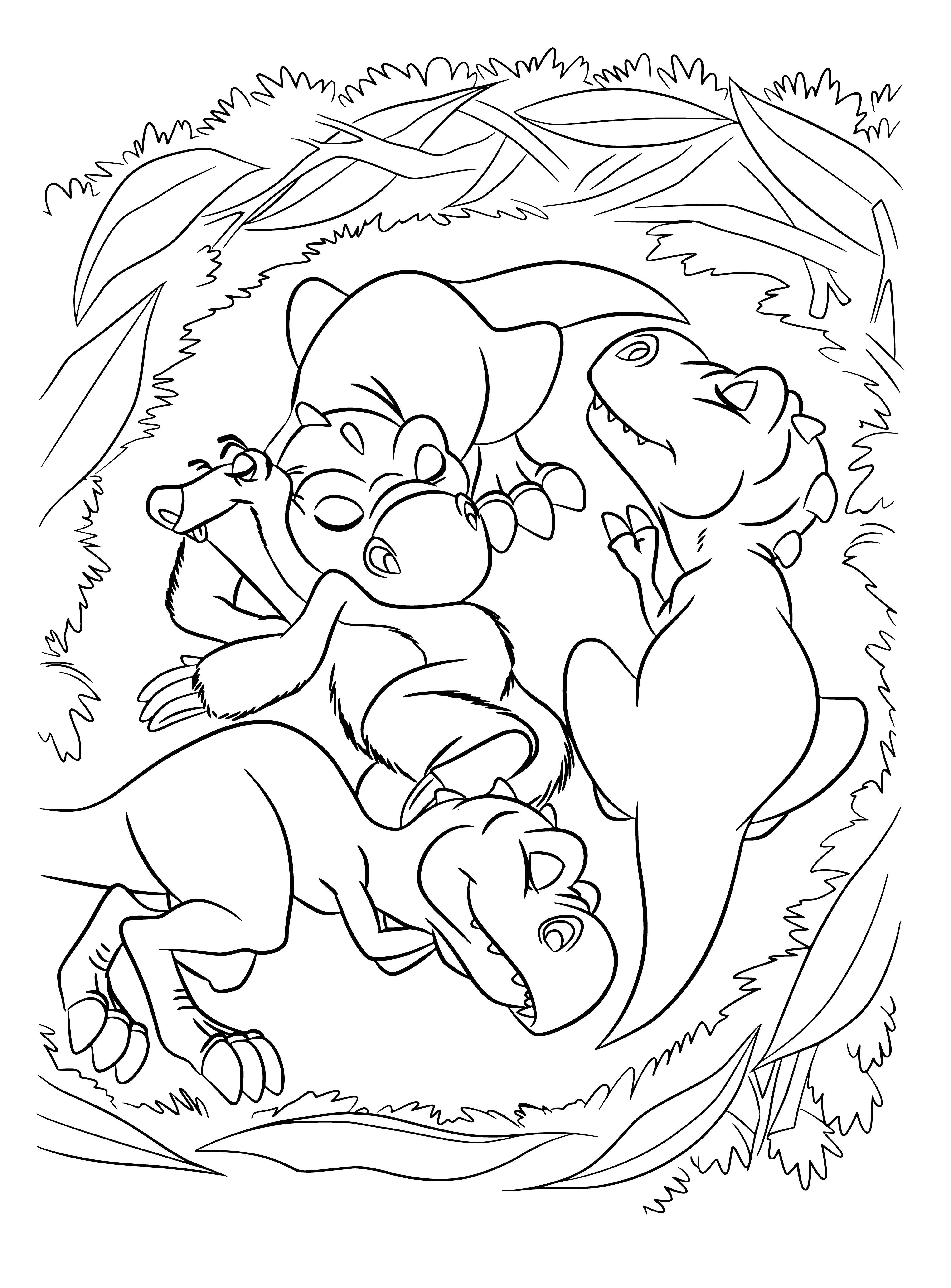 coloring page: Large blue & white dino playing in snow w/ small brown dinos surrounded by trees, mountains and snow.