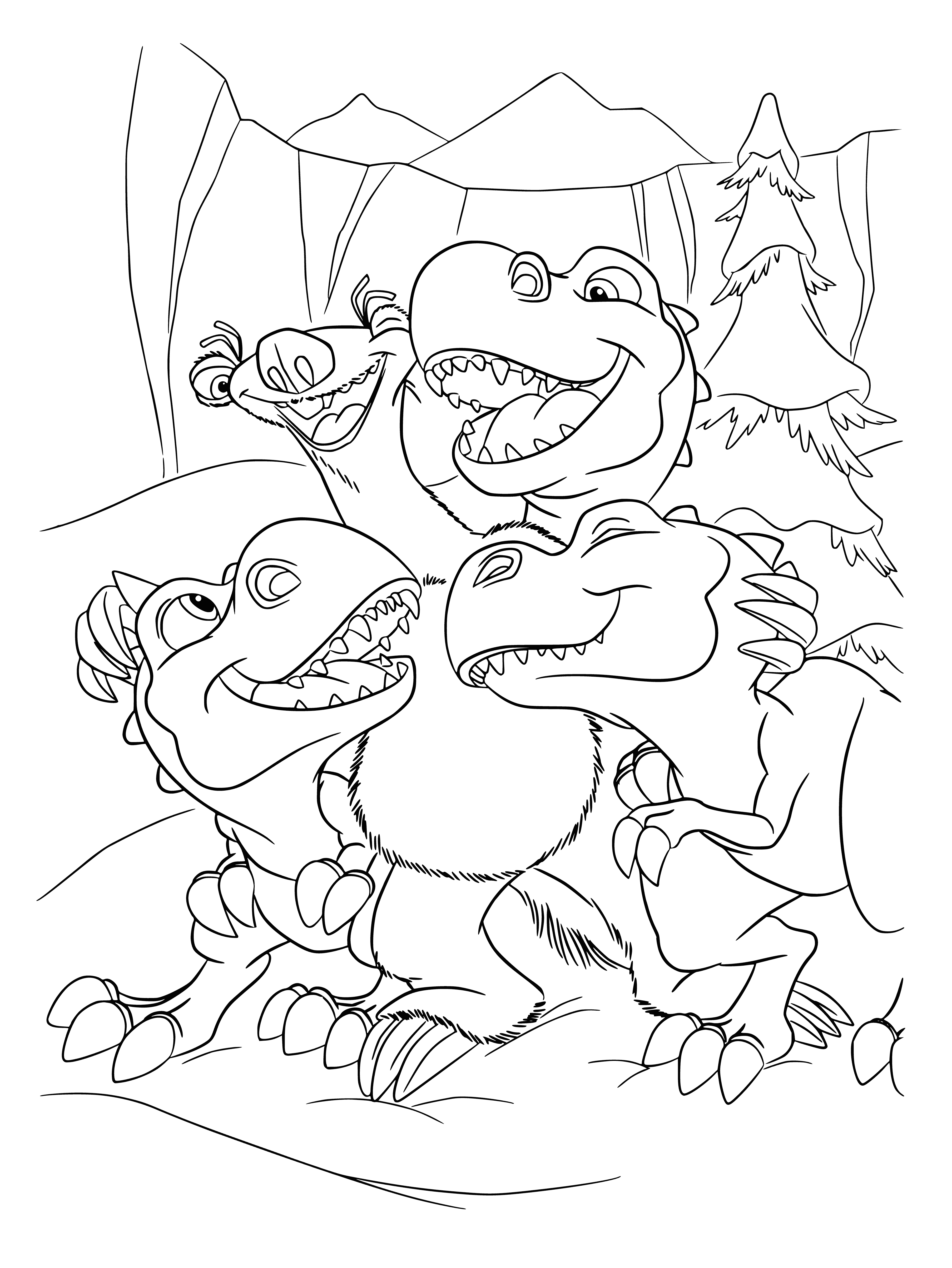 coloring page: Sid is a mother sloth in the Ice Age, surrounded by her three kids playing: swinging, sliding & chewing.
