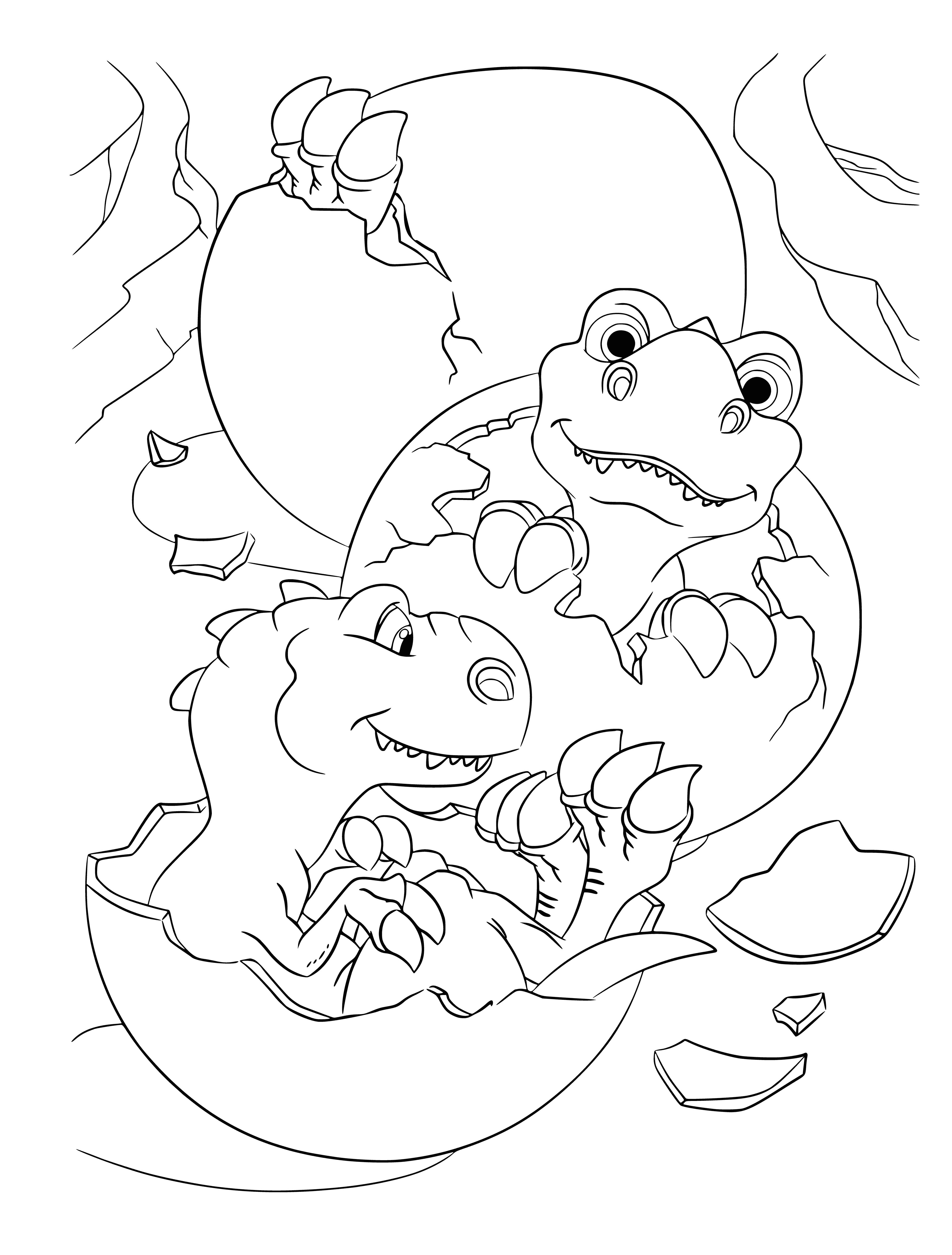 coloring page: Mother dinosaur protects newborns, small striped dinos running & playing. #dinosaurlove