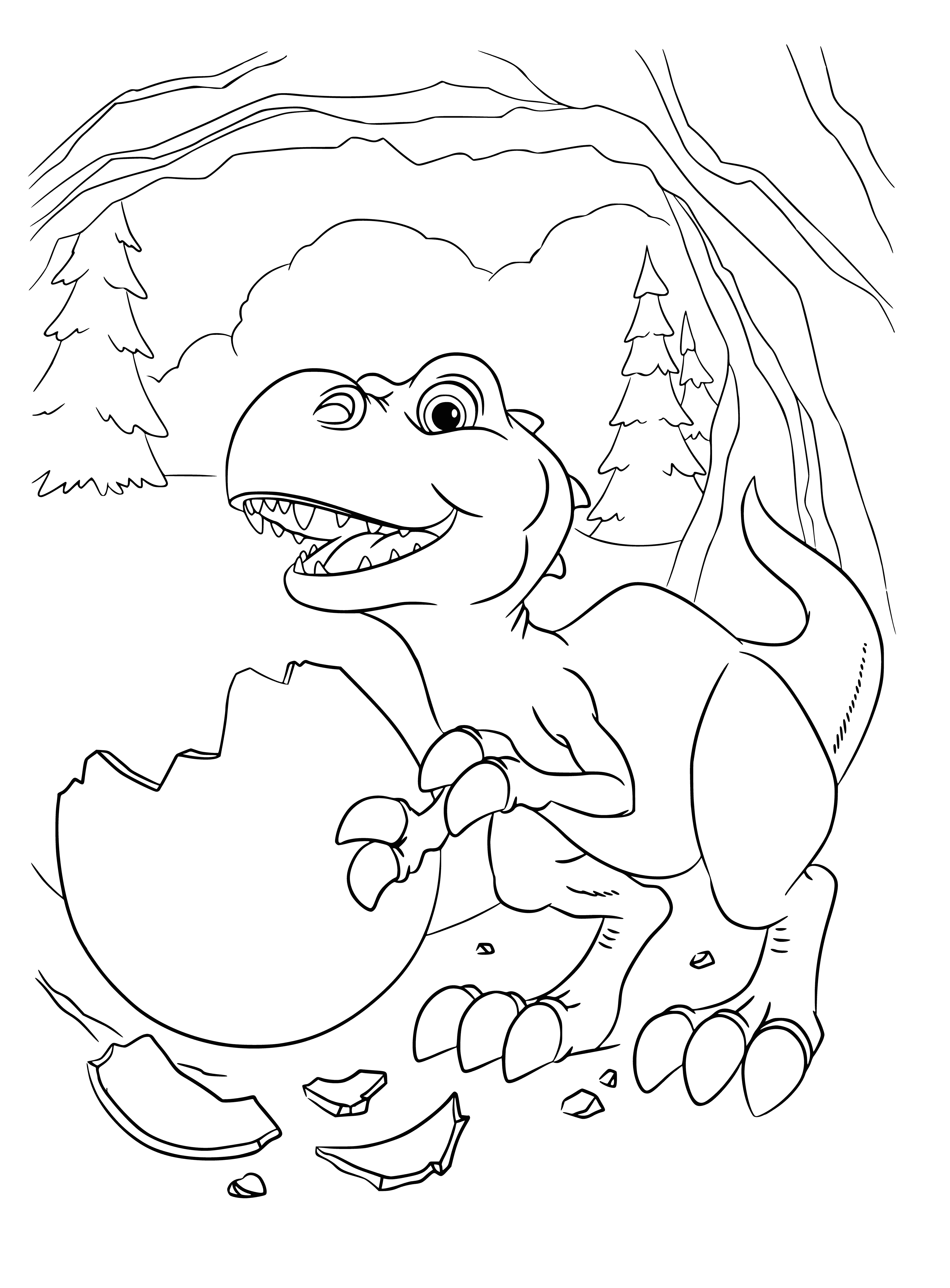 coloring page: Cute baby dino with light green scales, long tail, big blue eyes & sharp teeth. Looks happy & playful.