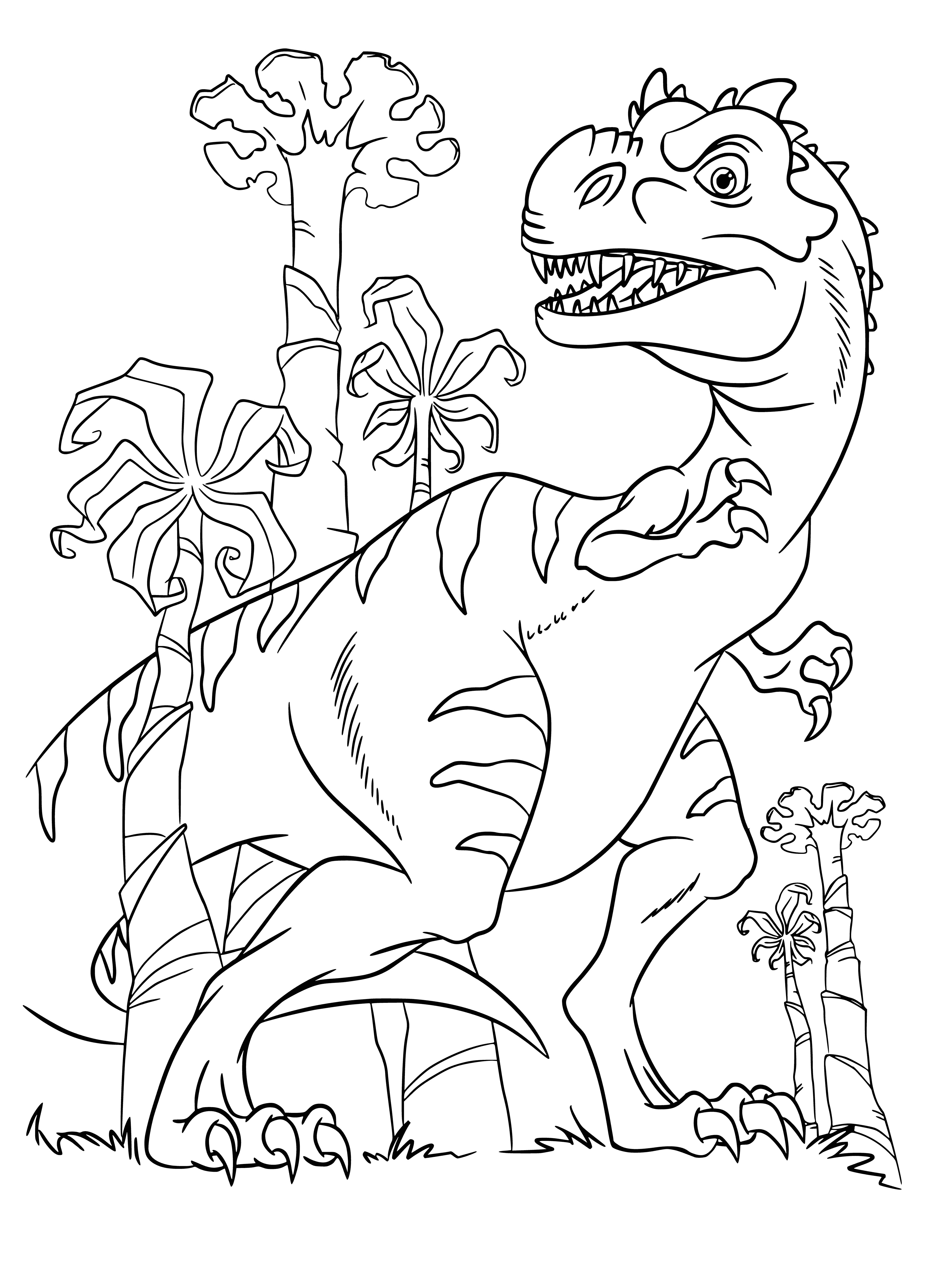 coloring page: Large dinosaur with green/brown scales stands in forest, surrounded by smaller dinosaurs. Long neck & tail, sharp teeth. #Dinosaurs