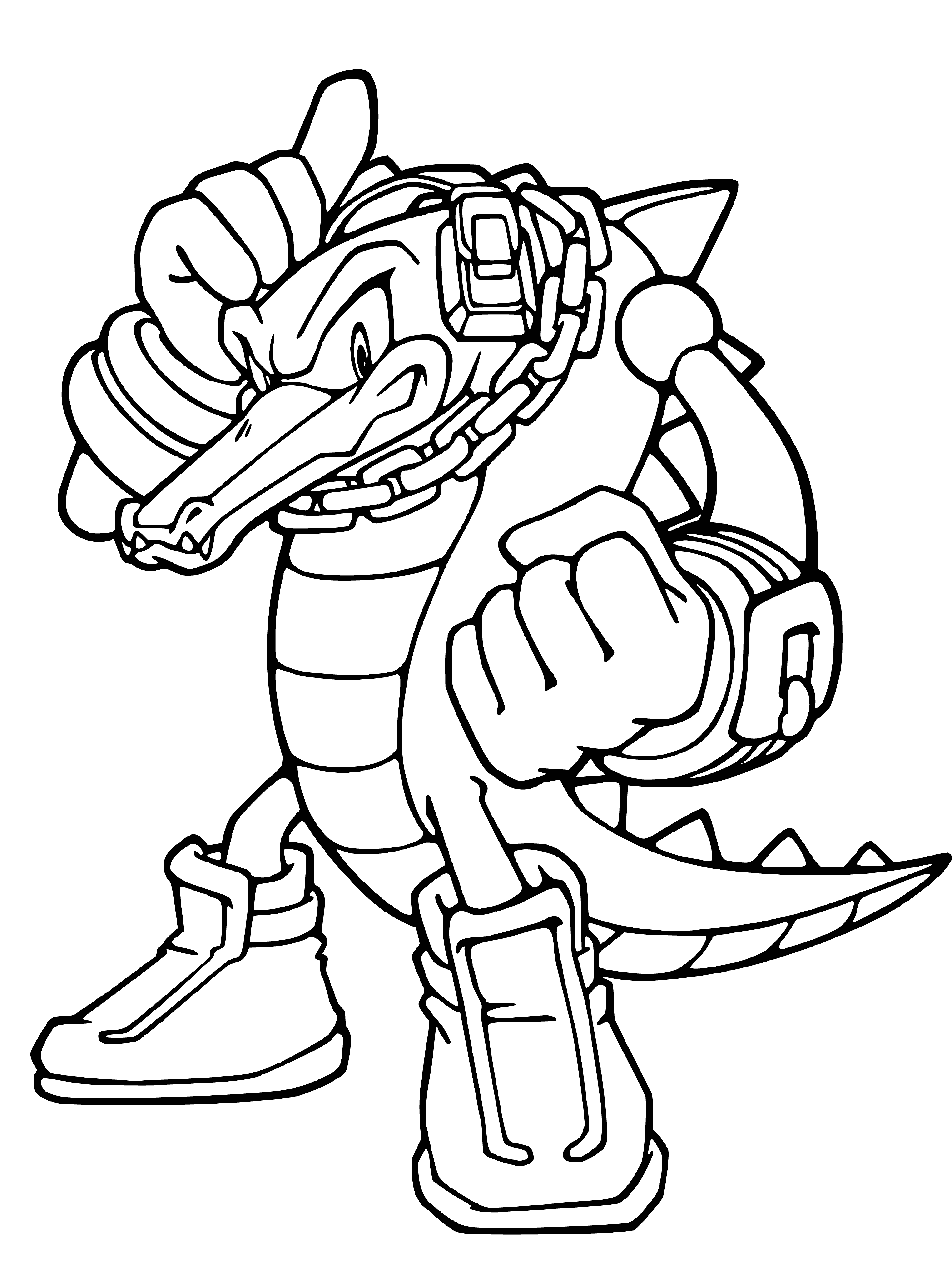 coloring page: Vector, a blue hedgehog w/ red shoes, stands on a green hill w/ yellow flowers; blue sky & white clouds. #SonicX