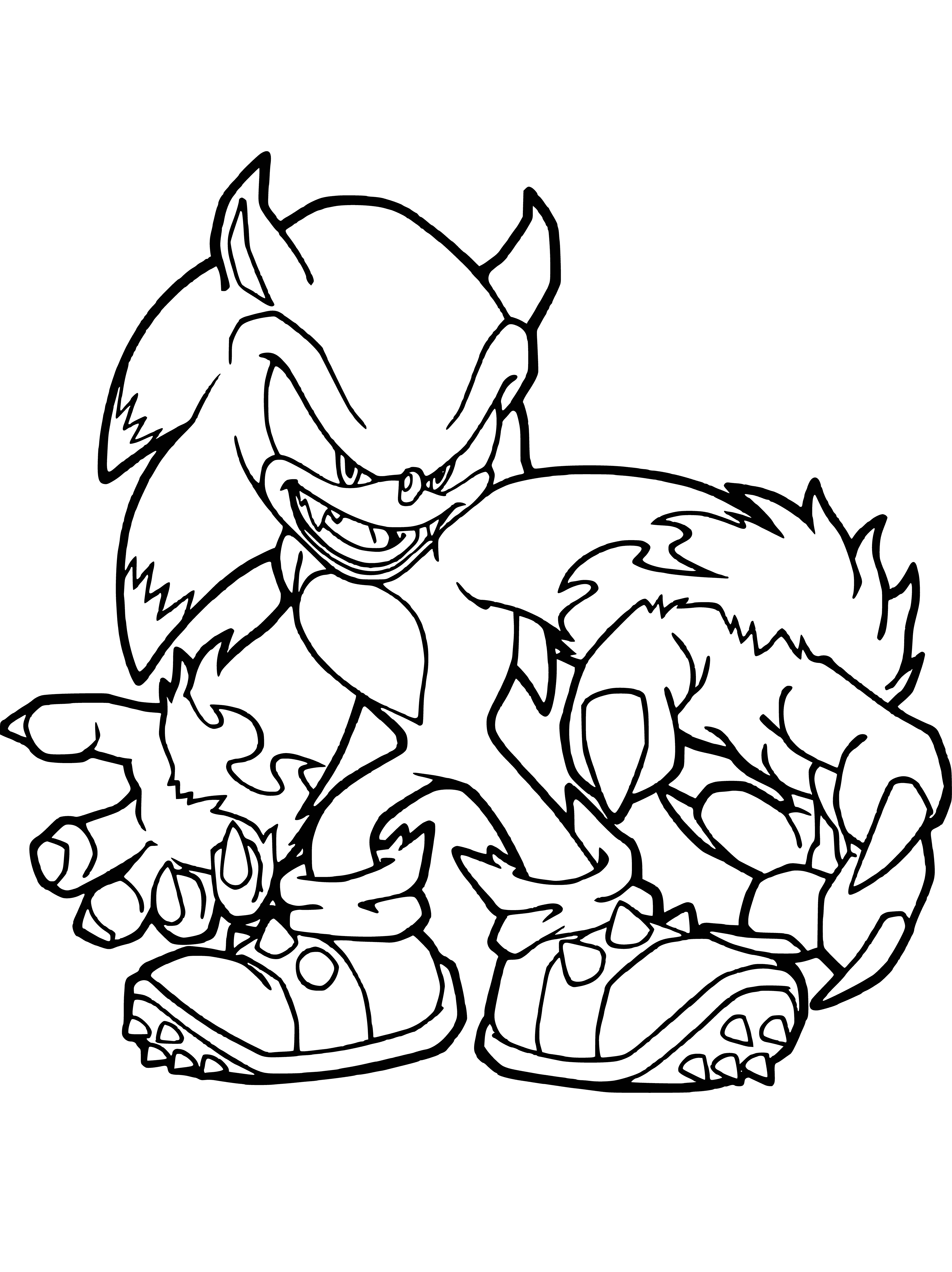 coloring page: Sonic the Hedgehog is racing at high speeds through a circular loop, blue with white gloves and shoes and serious expression. Quills point backwards.