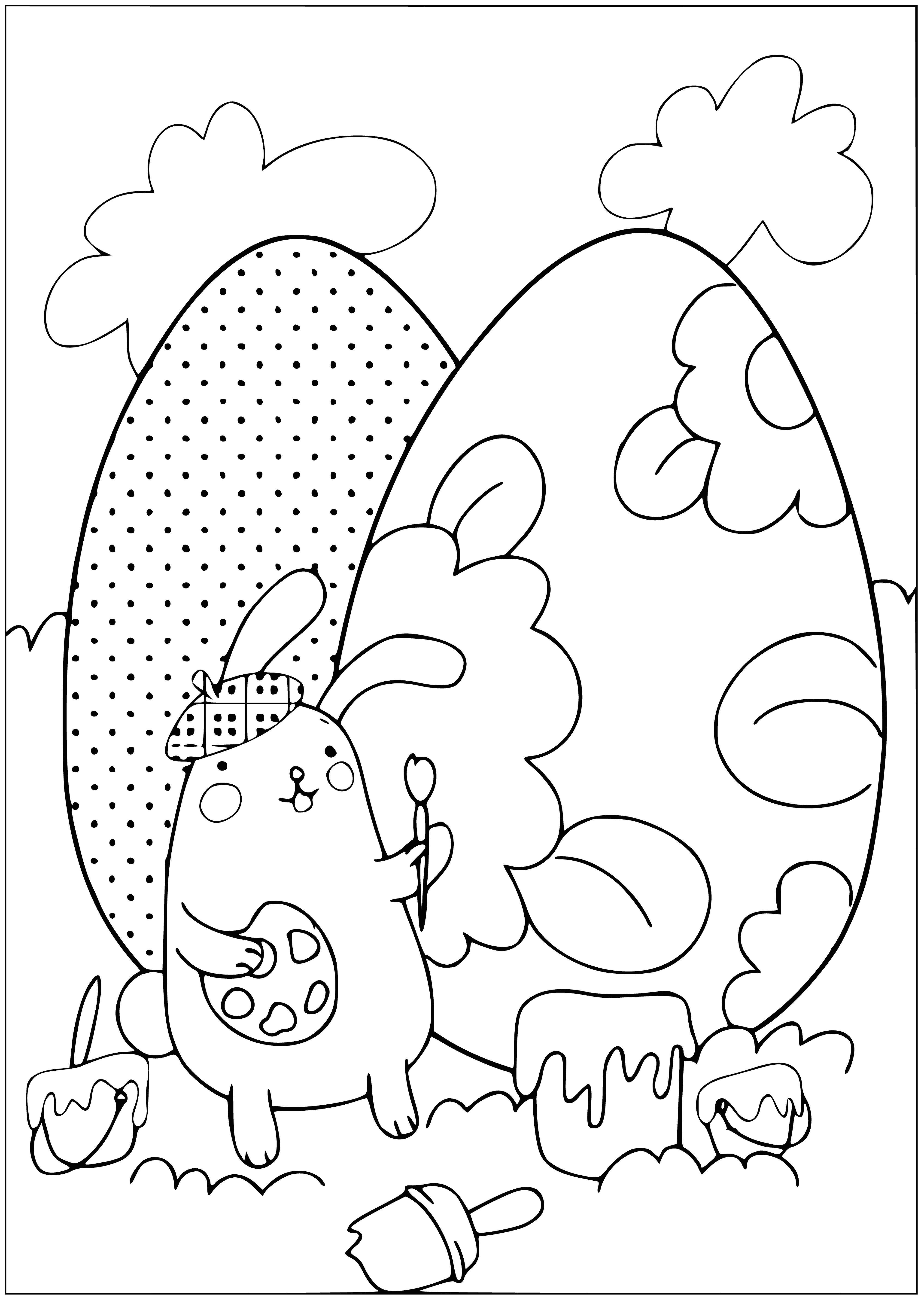 Pasch de peinture: Hare avec peintures et oeufs de Pâques