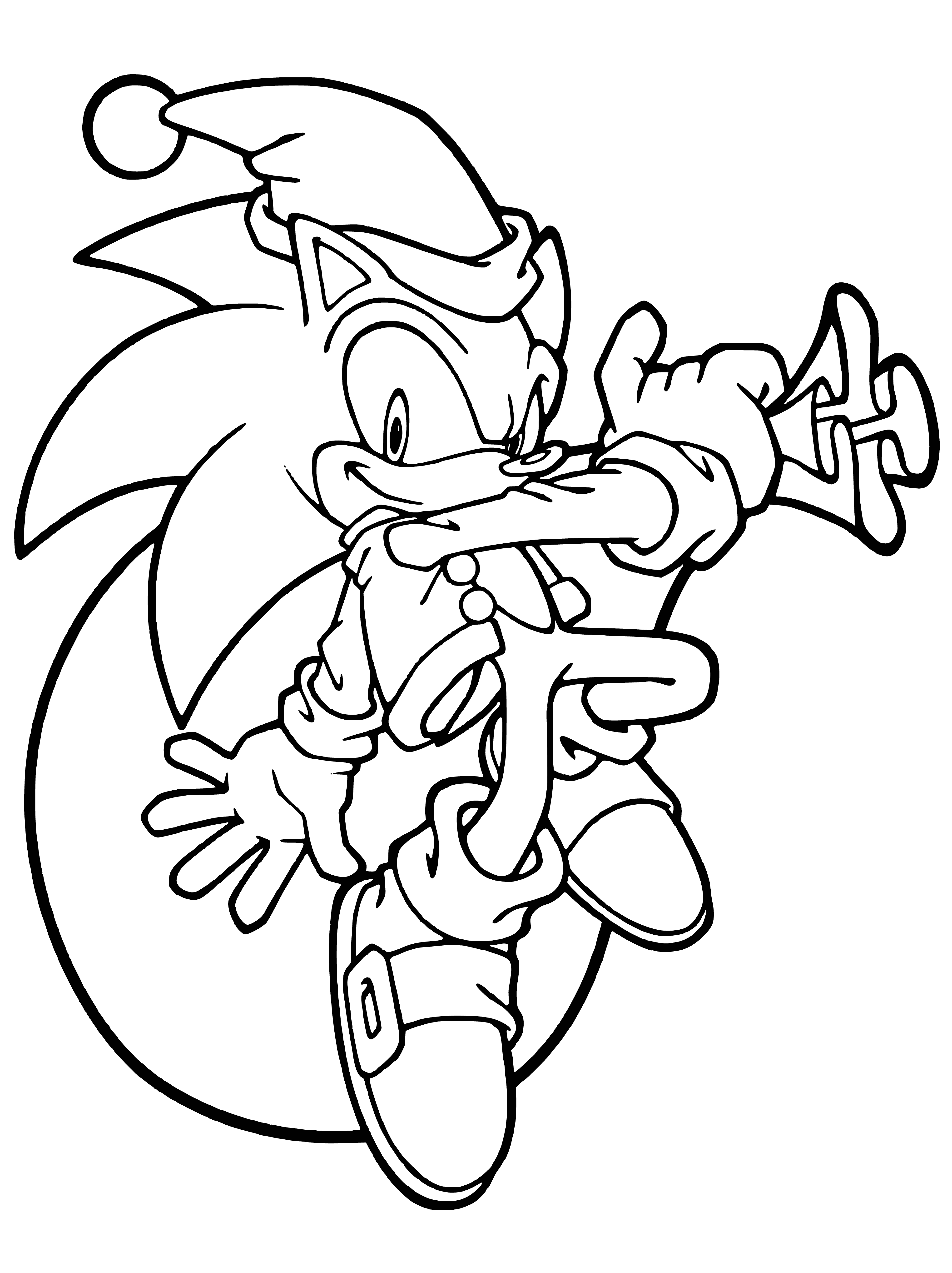 coloring page: Sonic celebrates New Year's Eve, wearing a party hat, holding a streamer & beaming in front of a glittering sign.
