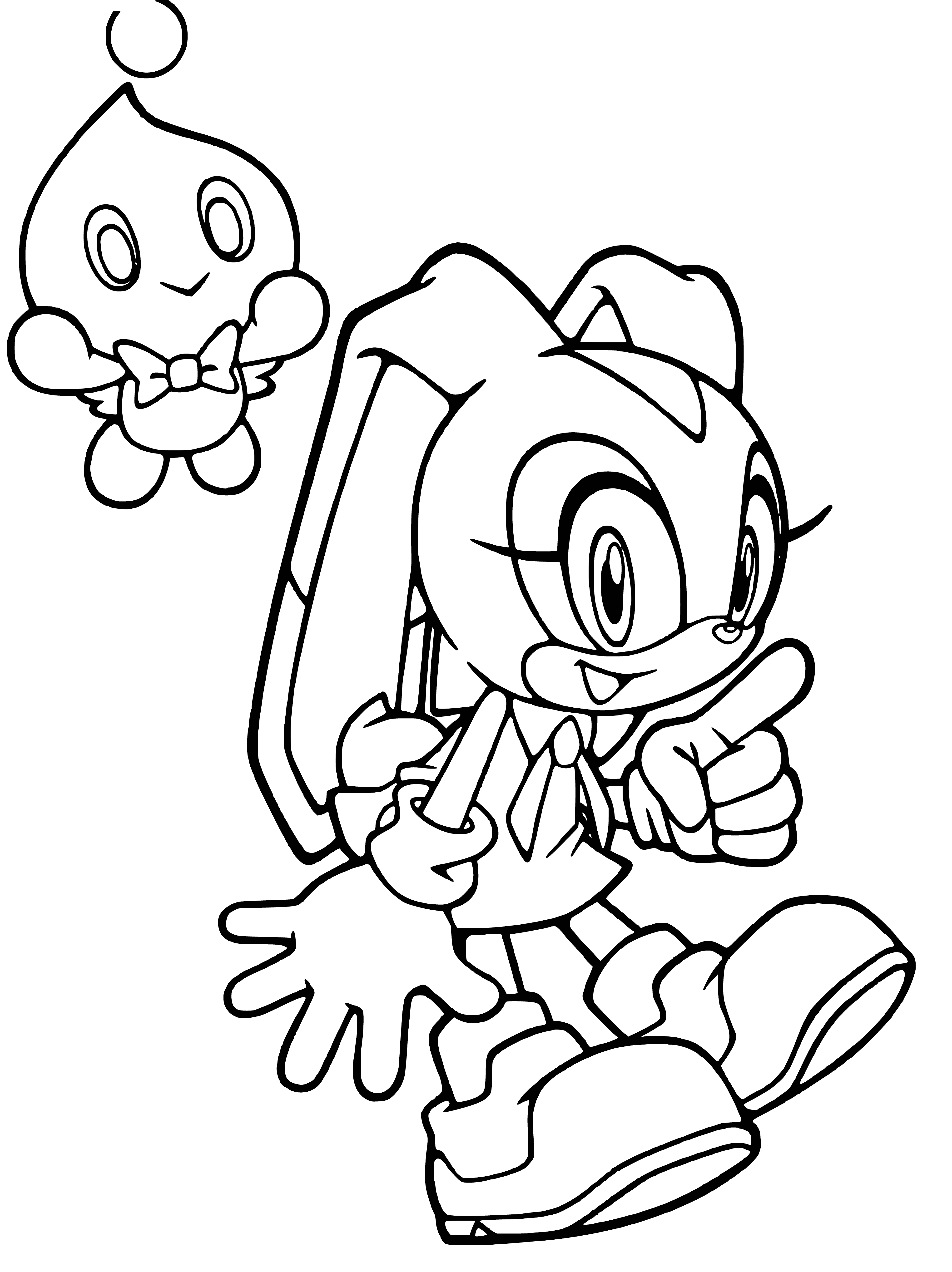 coloring page: A pink rabbit with blue eyes, a blue nose and blue shoes sits in a white chair, clasping its front paws and crossing its back legs. It wears a blue collar with gold ring.