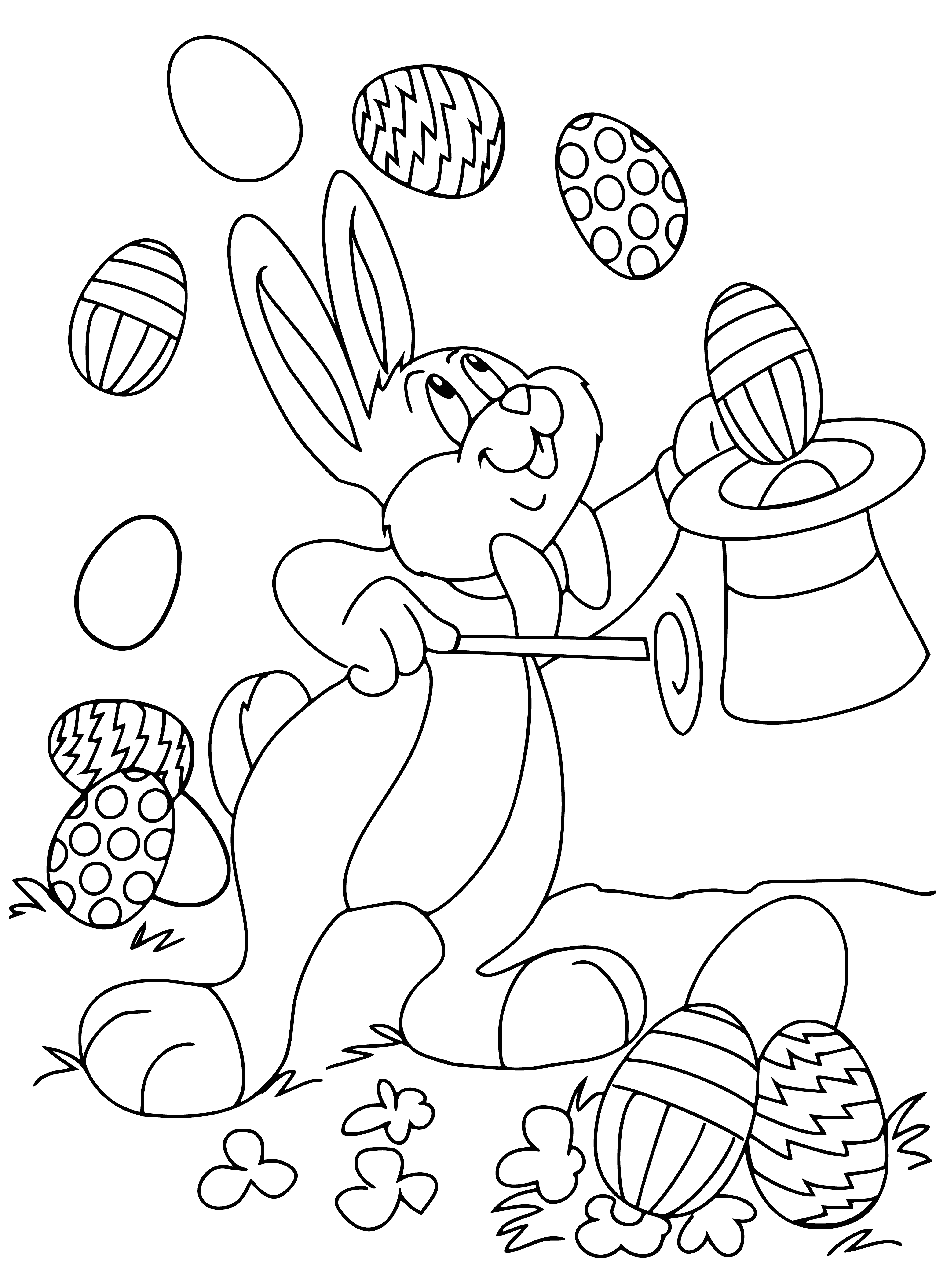 Easter rabbit with bright eggs on coloring book