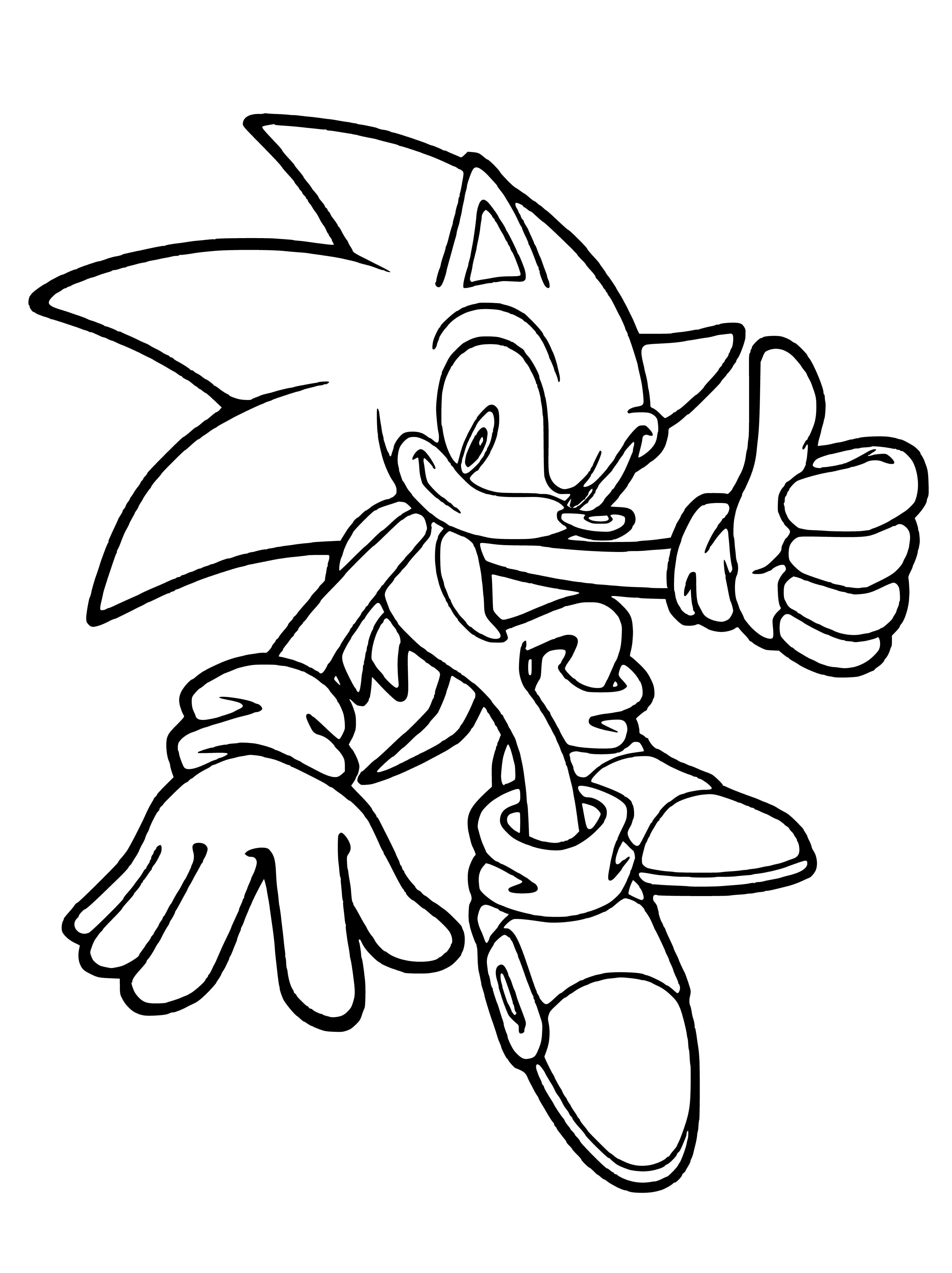 coloring page: Sonic races down a path in a green field surrounded by tall trees, blue sky above. Running fast with a look of determination, holding right hand out, left hand behind.