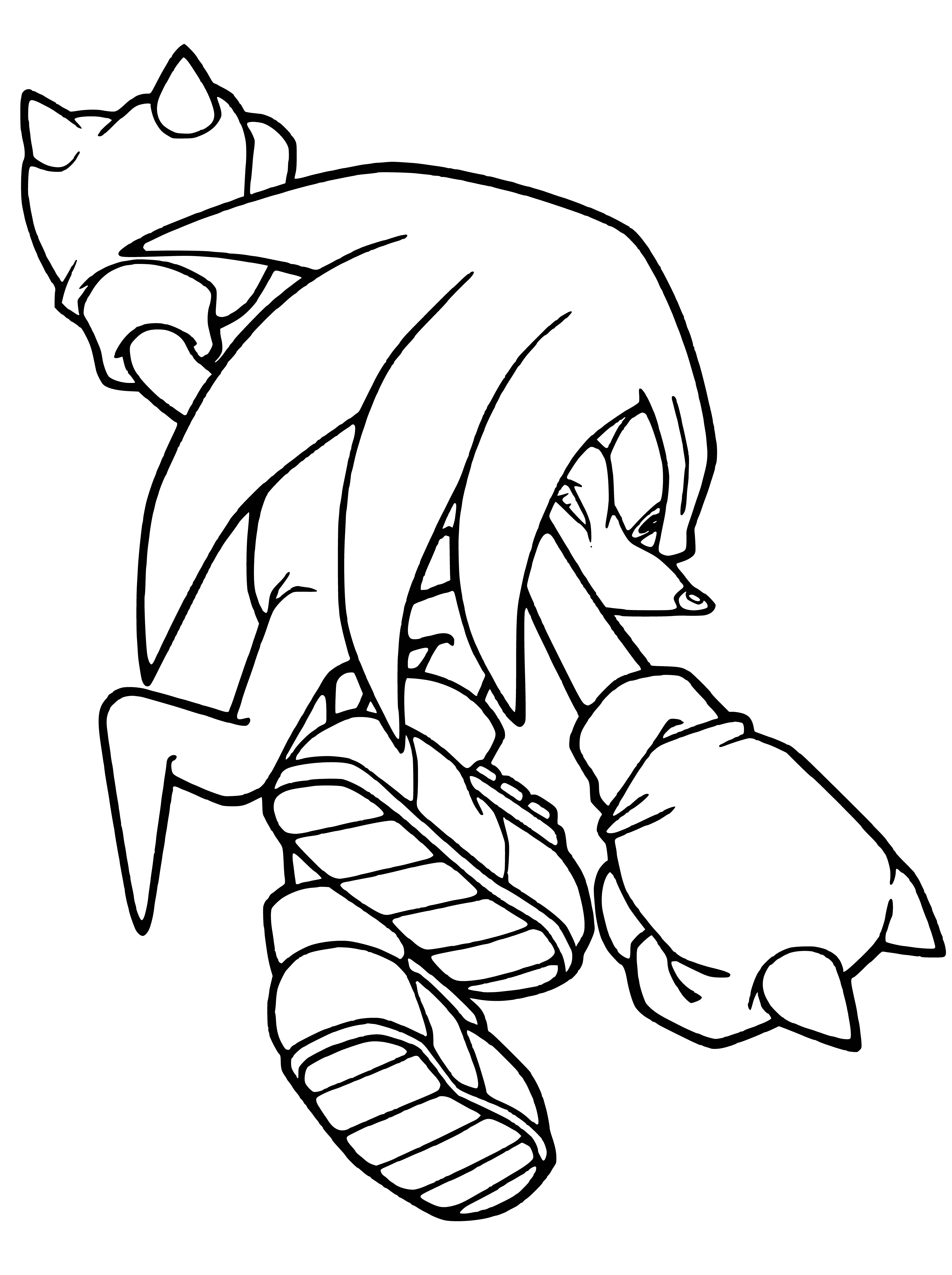 coloring page: Blue hedgehog holds gold ring, eyes closed in happiness, standing on green hill, blue sky, white clouds.