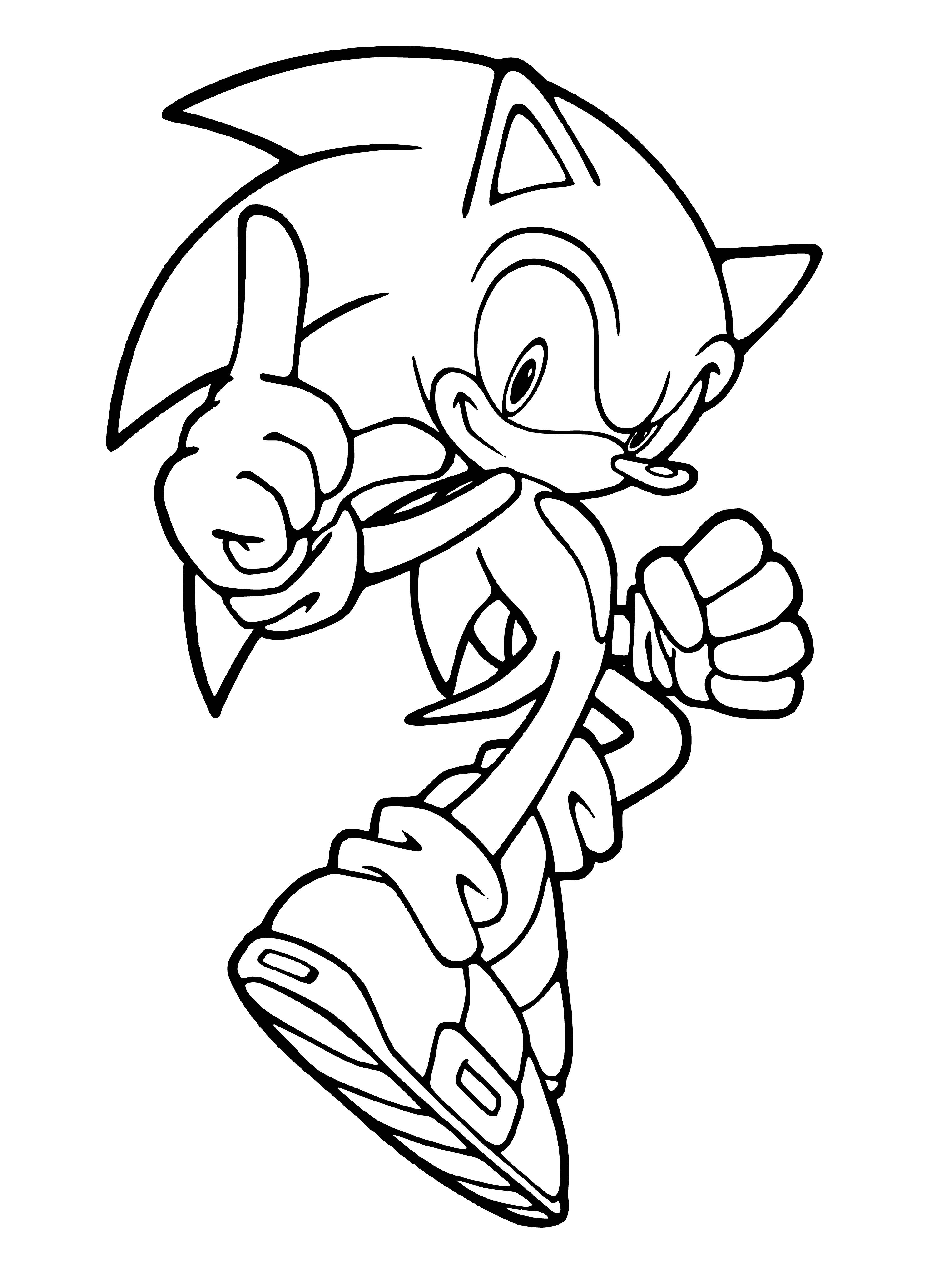 coloring page: Sonic runs through a green hill with a yellow sun in the sky, with red sneakers and white socks. He has a large white head and small black eyes. Outstretched arms and legs add motion.