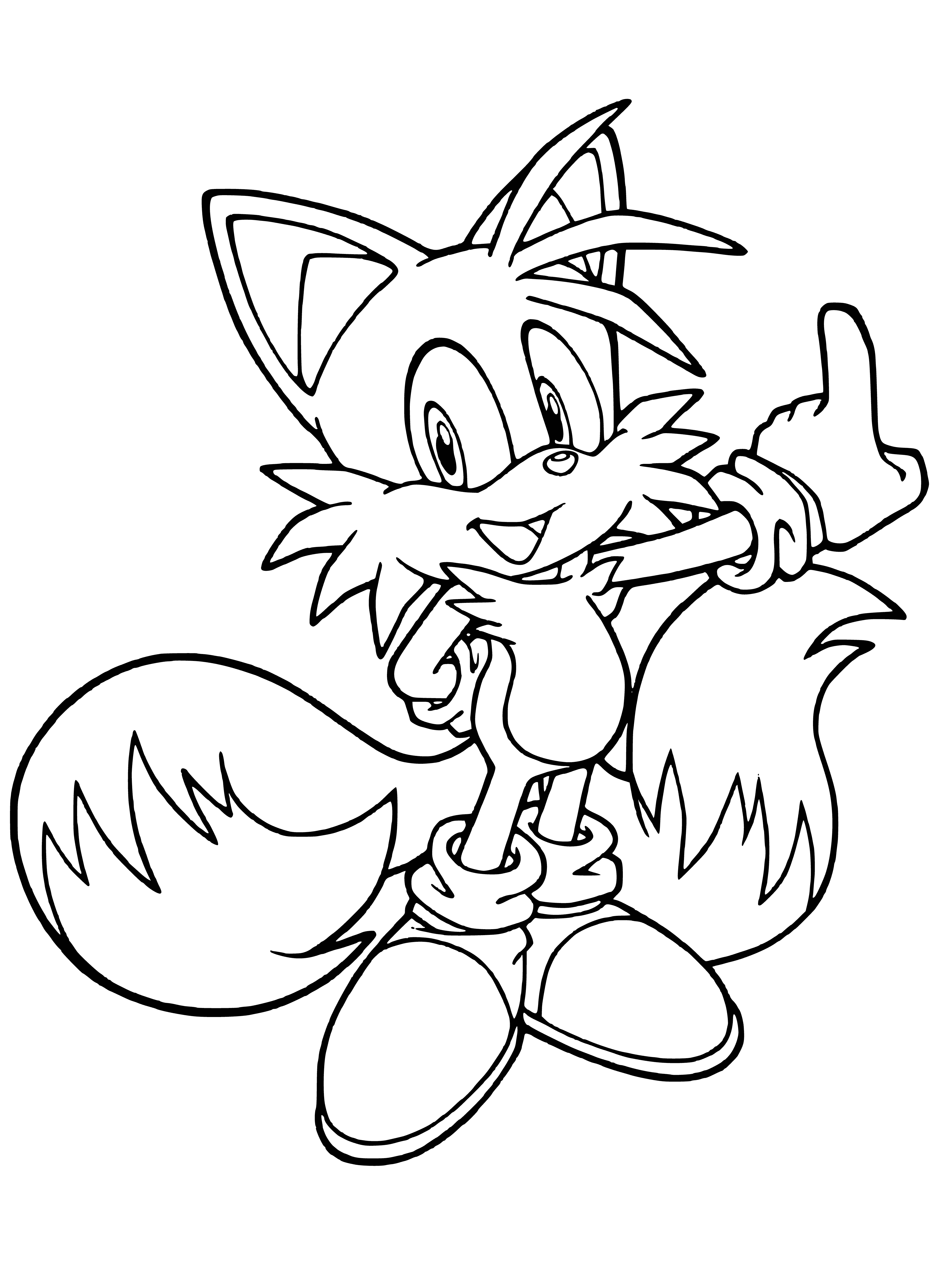 coloring page: Miles Prower from Sonic X is an orange fox with two tails, wearing red/white shoes and wristband.