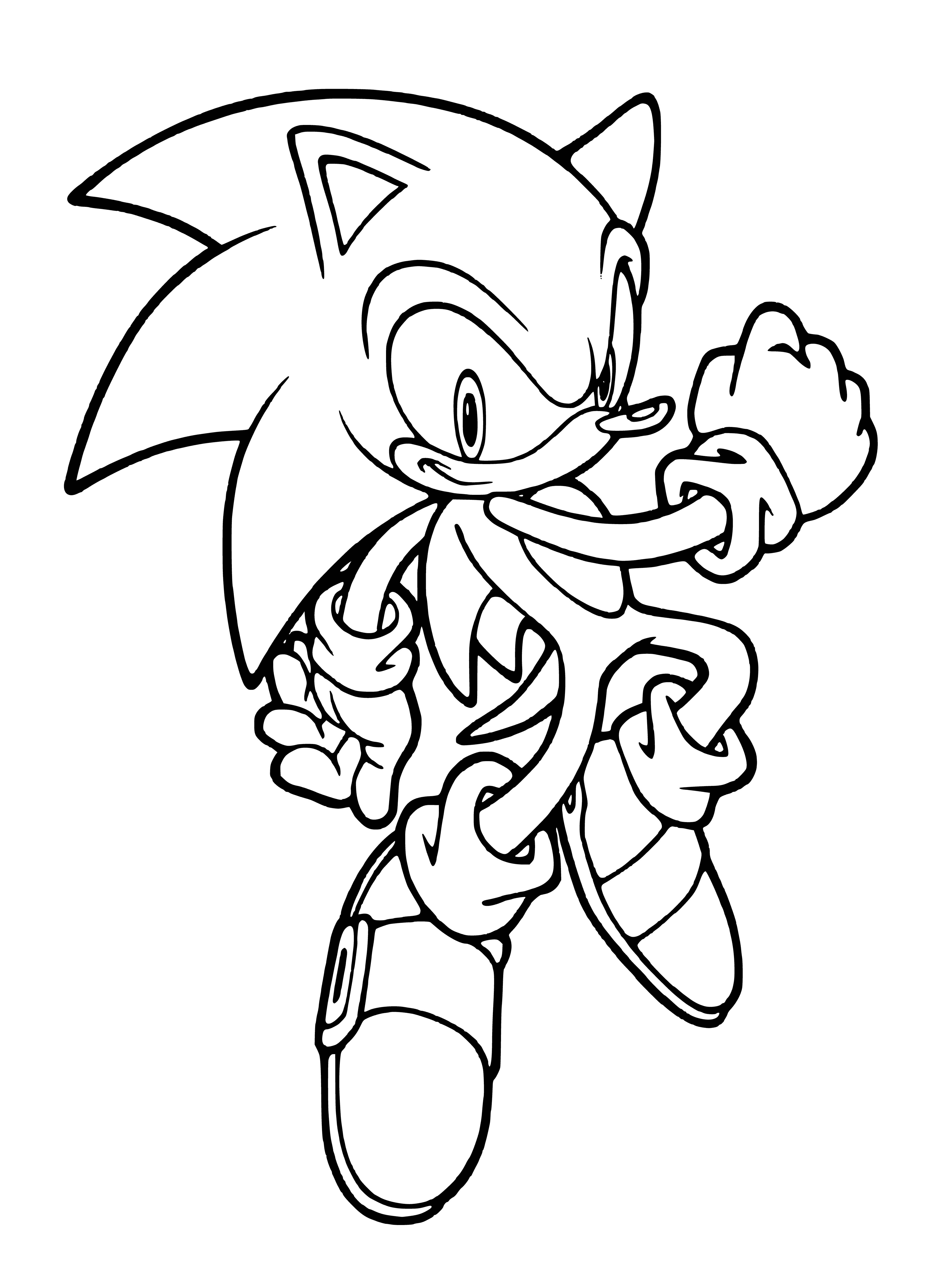 coloring page: An adorable blue hedgehog is running fast, with spines, big eyes, and red sneakers w/ white stripes. A yellow ring trails him.