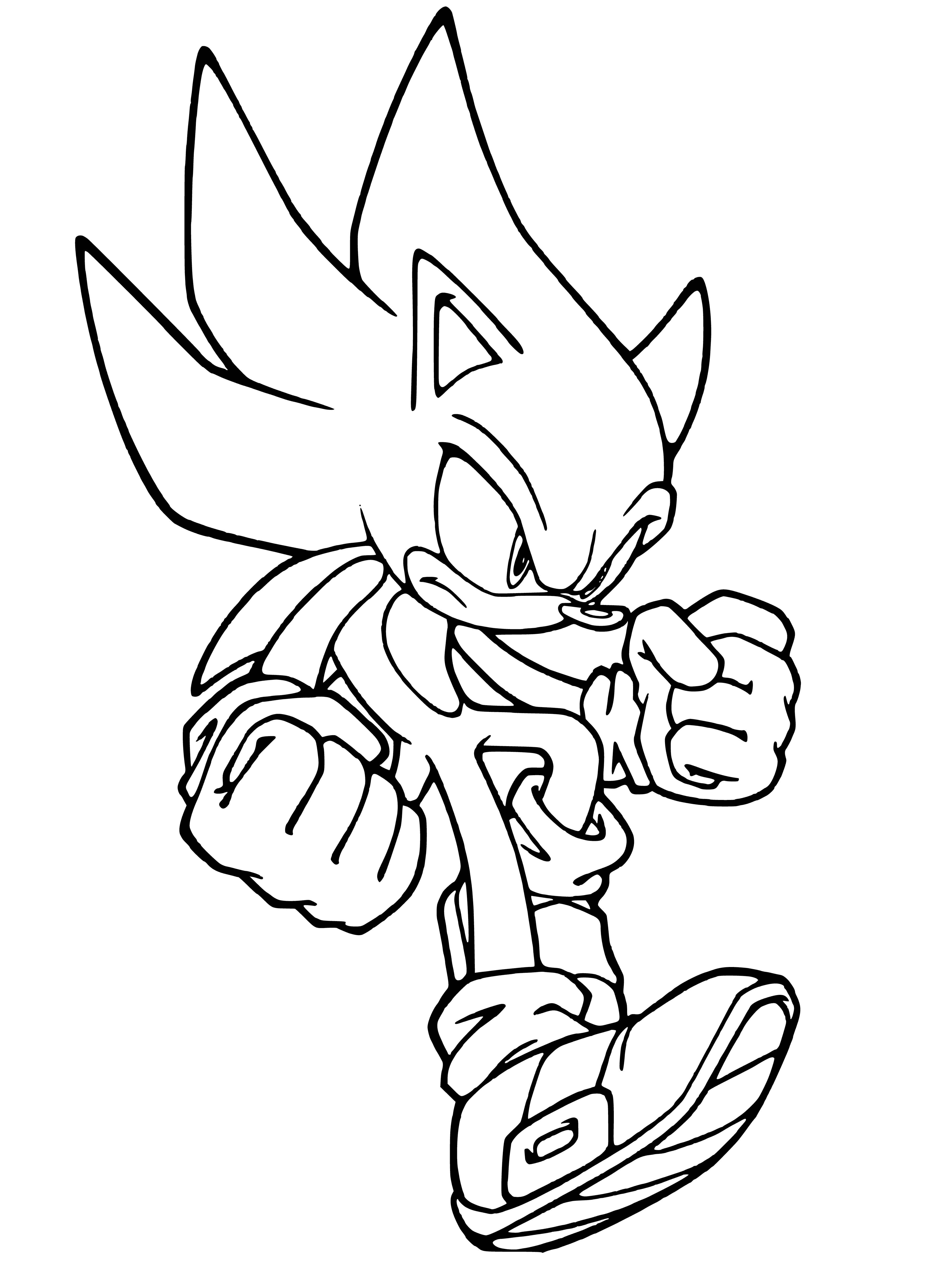 coloring page: A large blue Hedgehog with yellow eyes, red shoes & spikes stands on a gold ring with a blue center on a green hill with a blue sky.