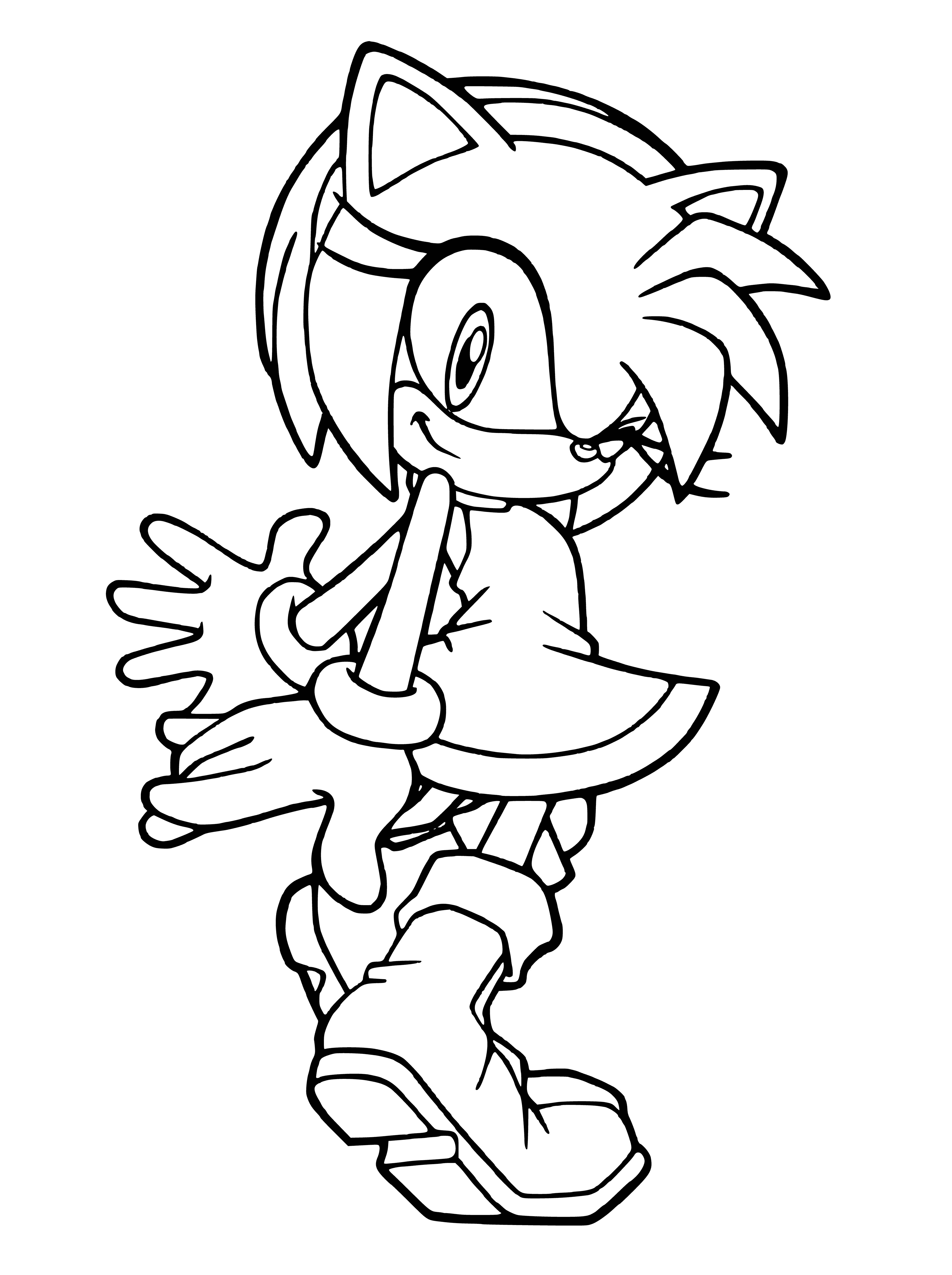 coloring page: Amy is a pink hedgehog in a red dress & white gloves w/ a red backpack & long quills. Green eyes.