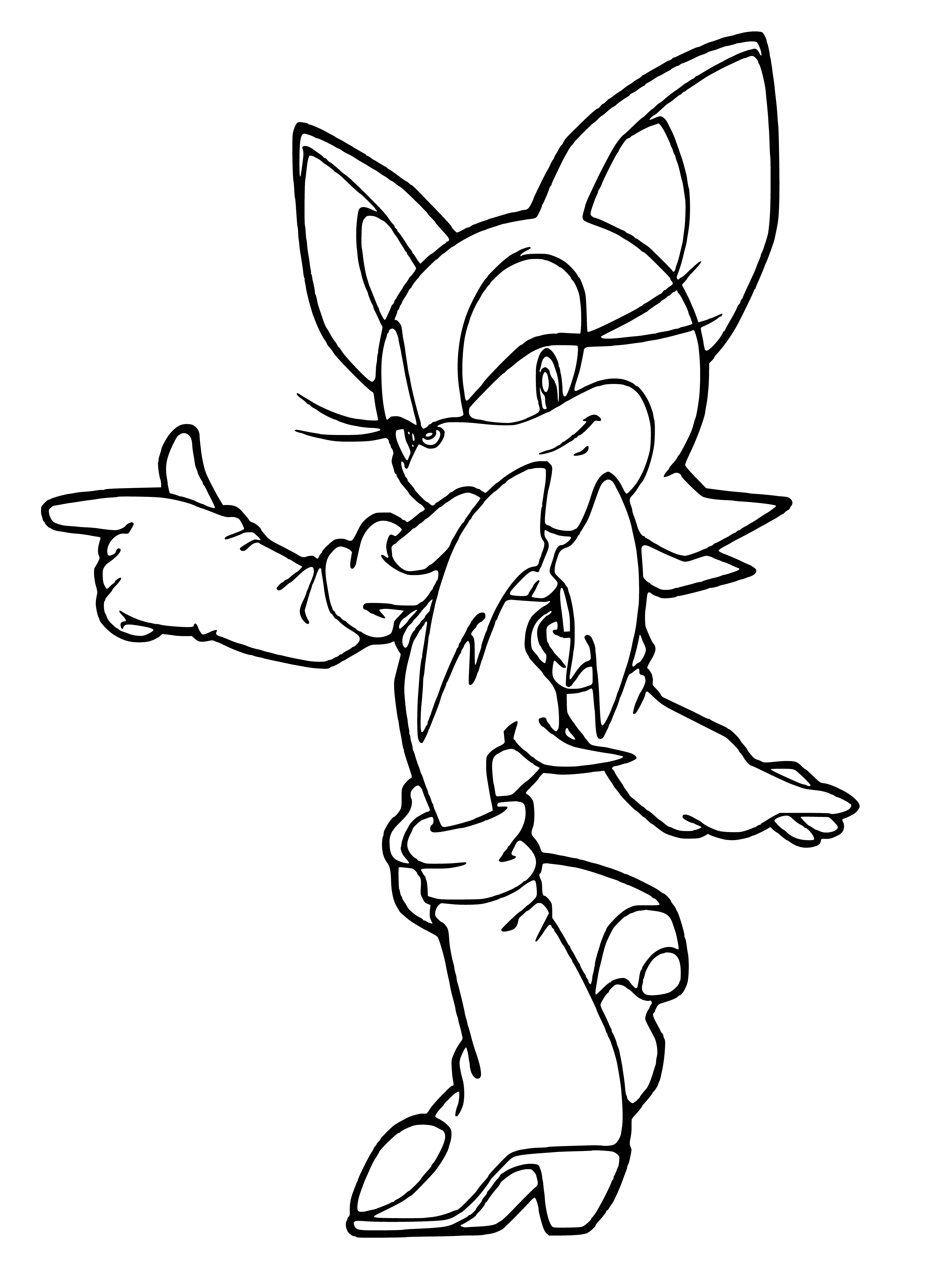coloring page: Rouge is a purple bat-like creature with red eyes and a sharp dress. She uses her charm to win over her foes in the Sonic X series.