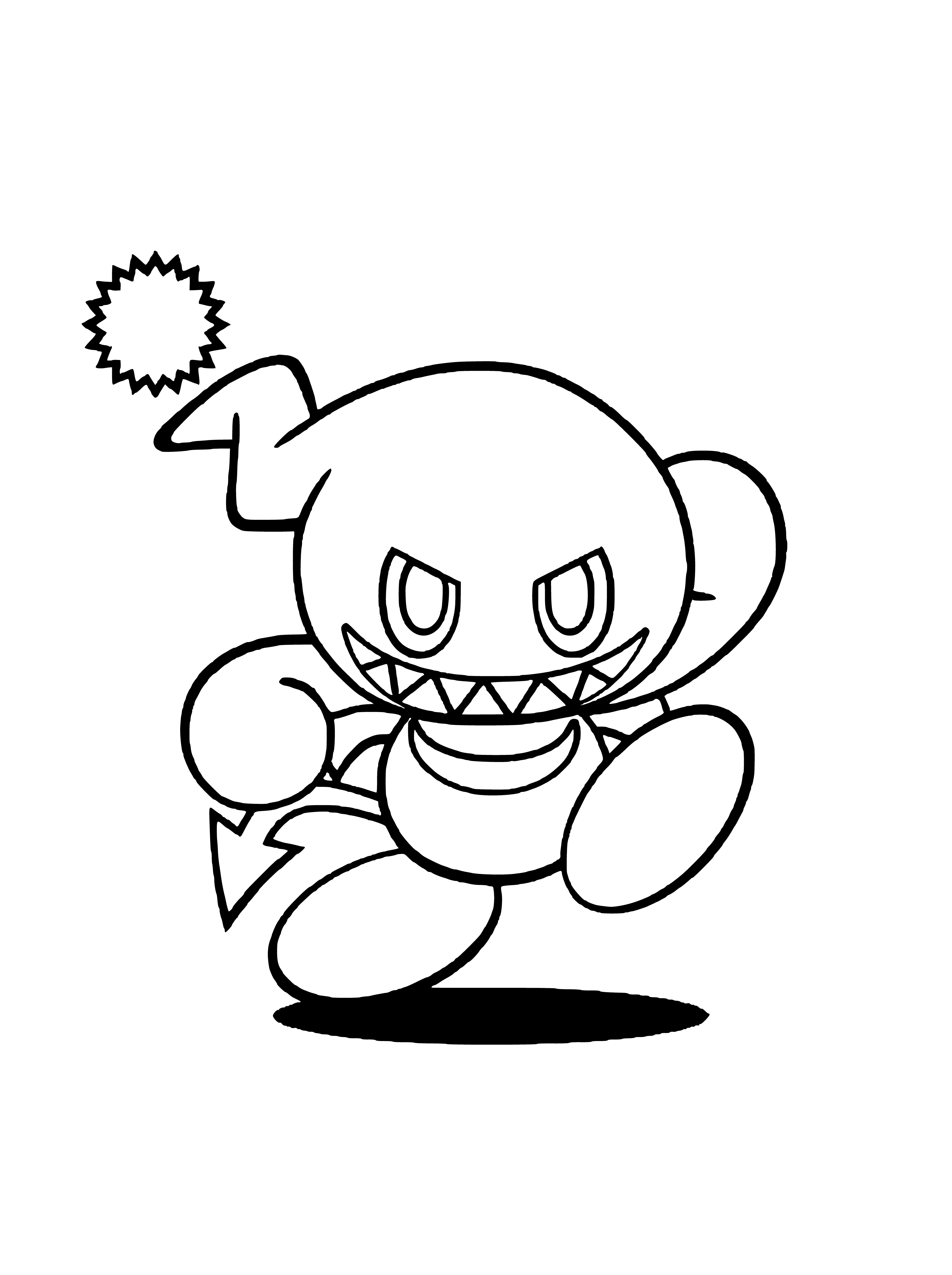 coloring page: A black-and-white chao with red eyes, spikes, and a devil-like tail on a coloring page.