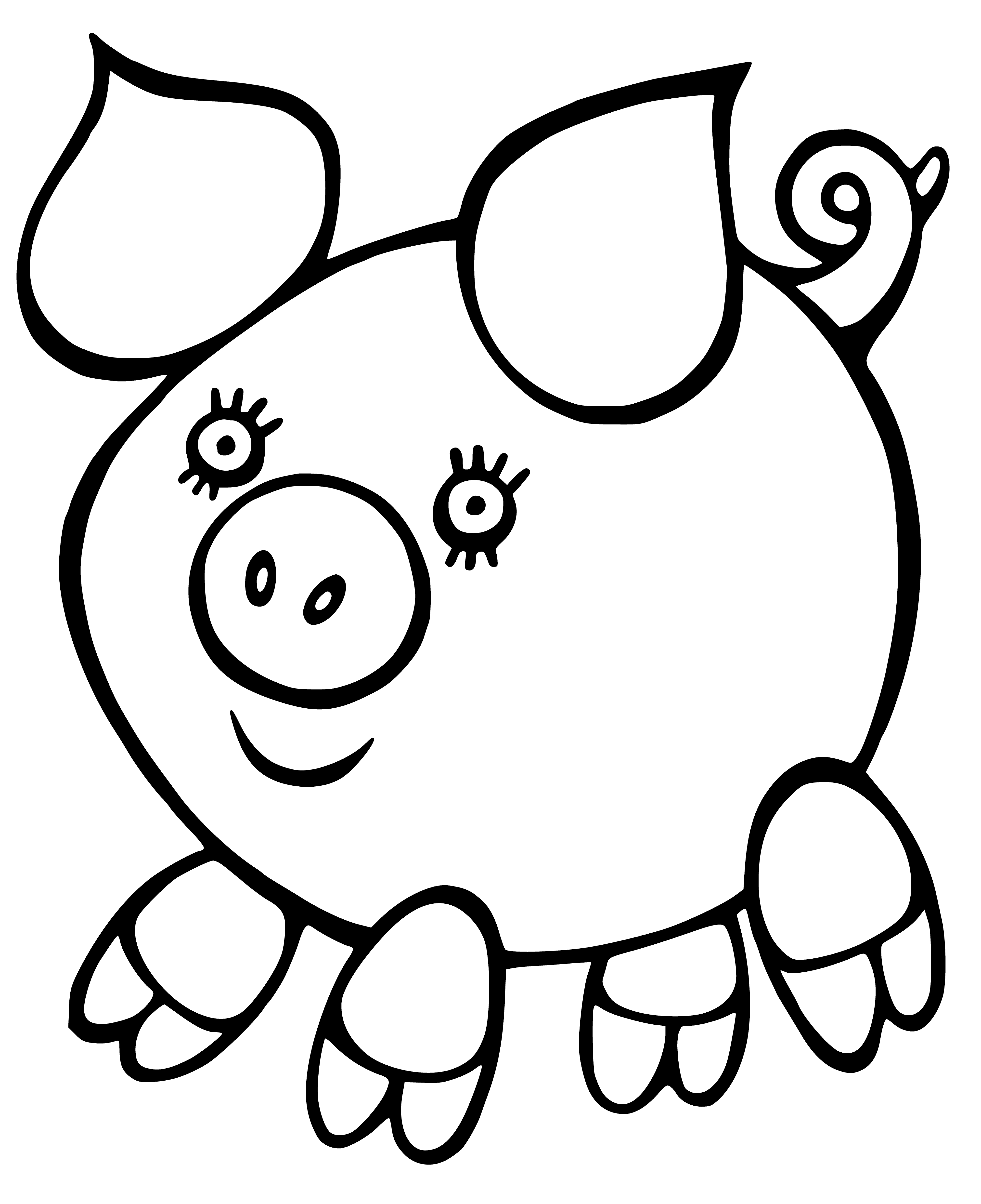 coloring page: Pigs are plump, pink farm animals with snouts, 4 hooves, & mostly eat plants. Some people keep them as pets.