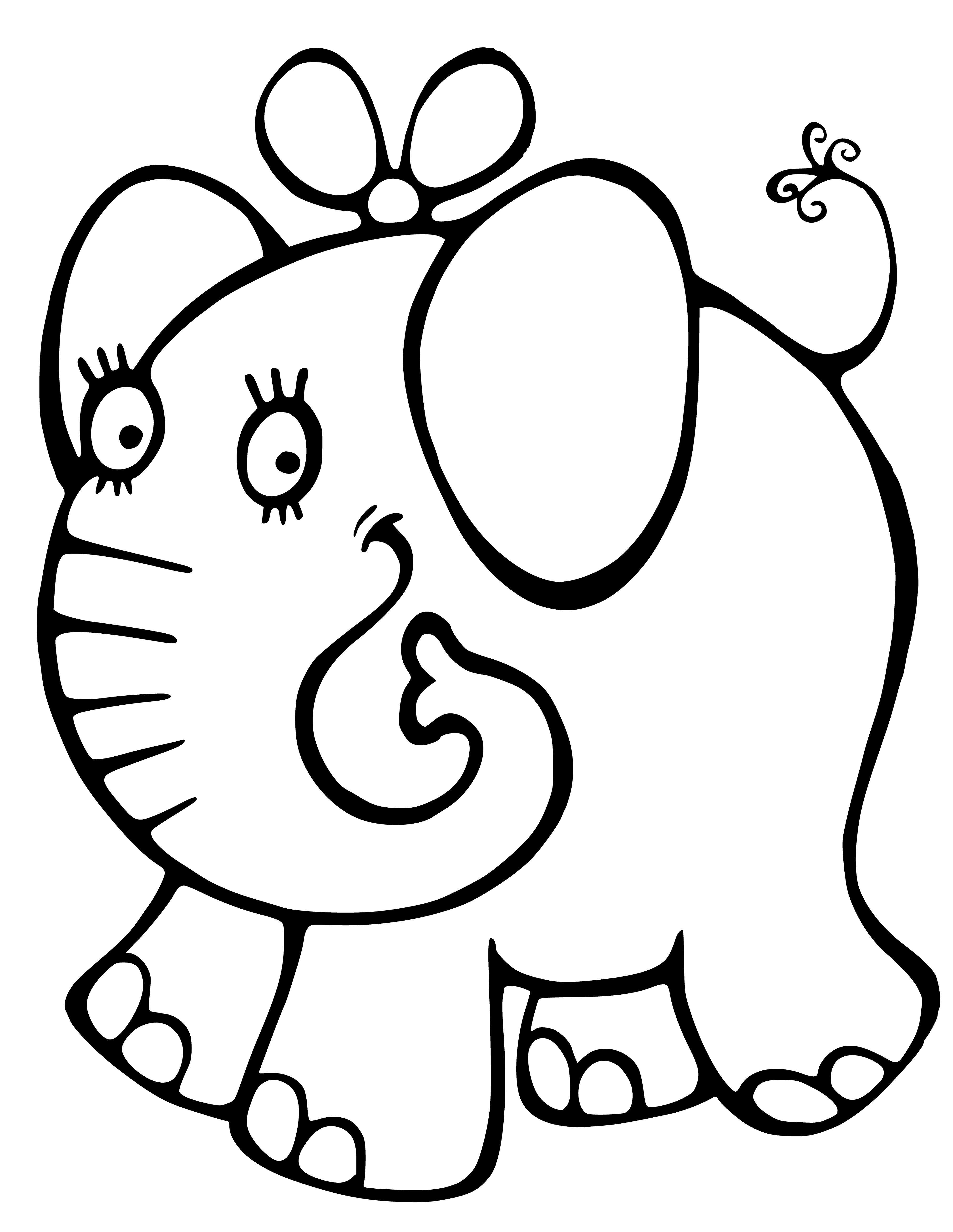 coloring page: Giant gray elephant with long, curved tusks, wrinkled skin, and four short legs dominates page.