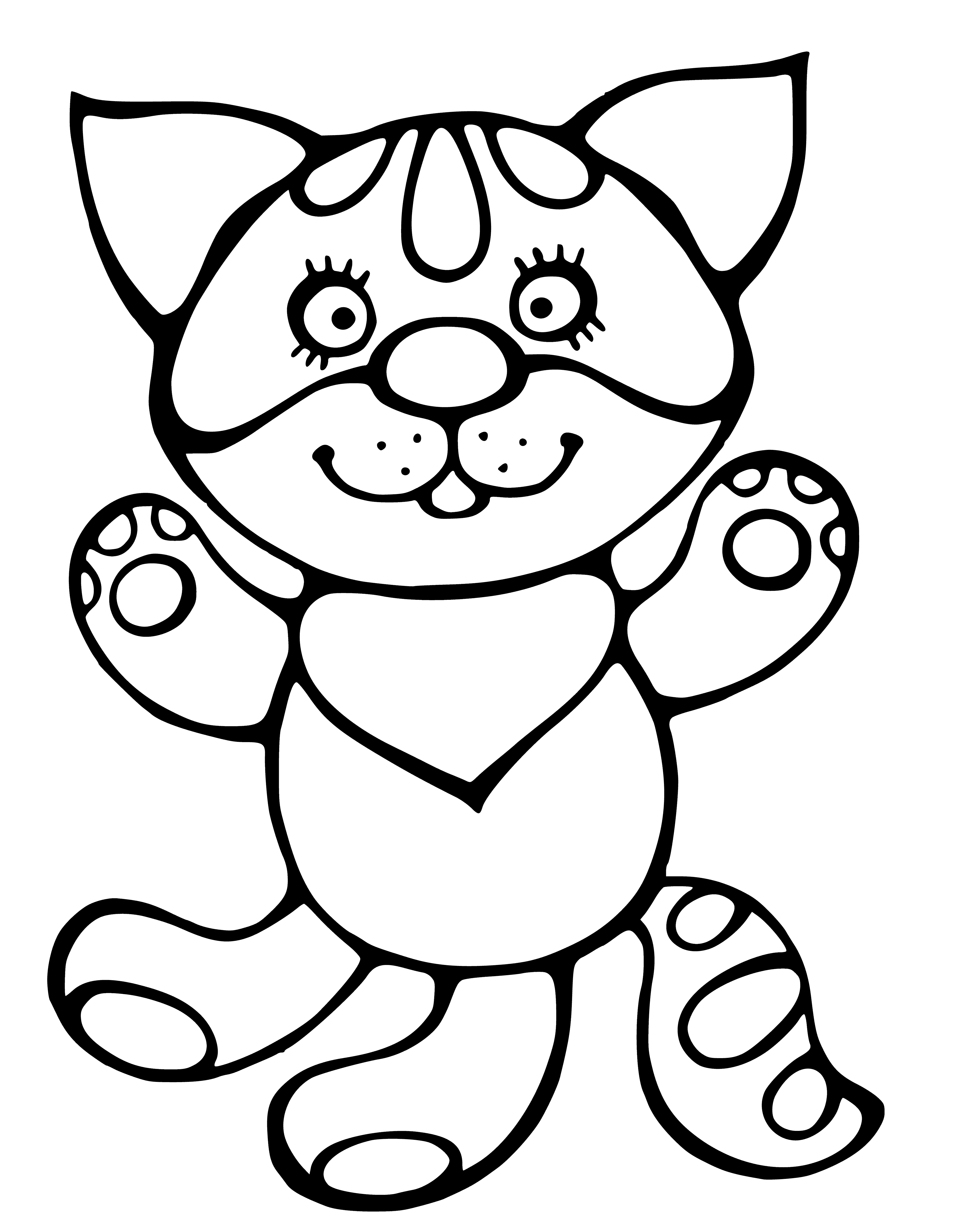 coloring page: A fluffy small kitten sits on a white couch and looks at the camera with bright green eyes, its tongue poking out.