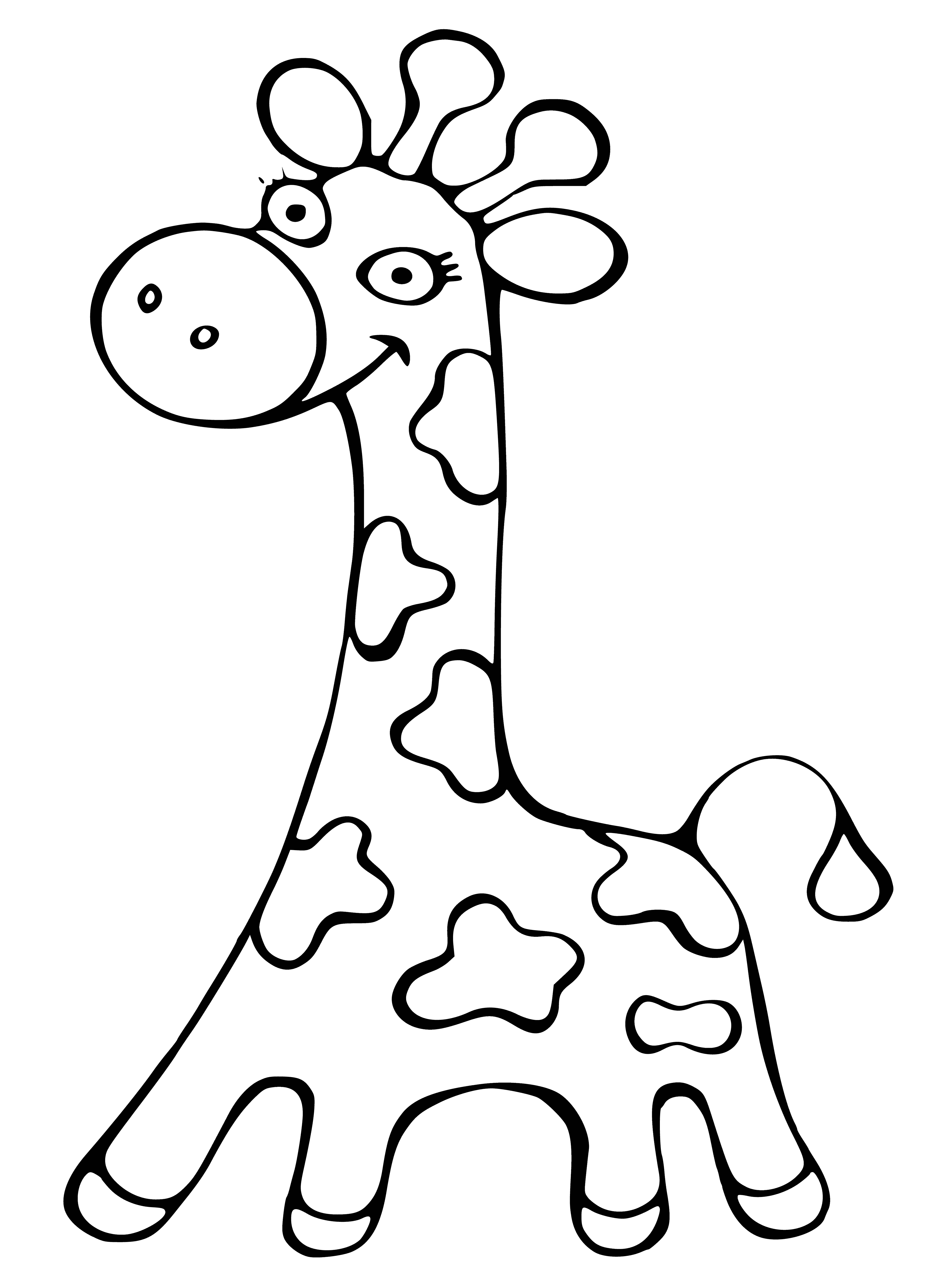 coloring page: Giraffes are long, tall mammals found in Africa; some subspecies are 14.5 to 19 feet high and can weigh up to 1,930 lbs. Its long neck thought to help with high leaves, but also spotting predators, and competing for mates.