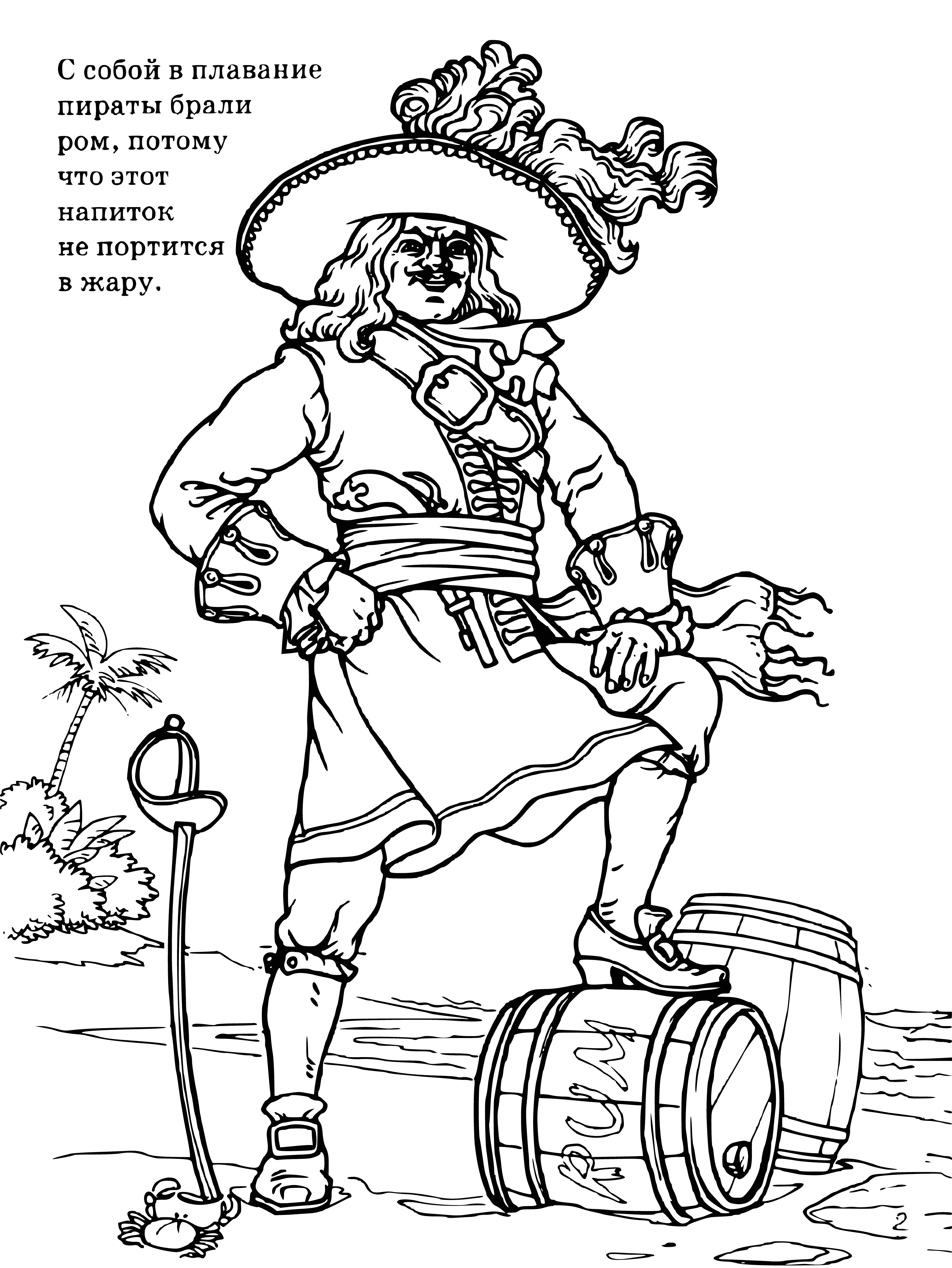 coloring page: A pirate baron stands atop a ship's deck overlooking the ocean, a long-bearded, scarred figure in a hat and coat, supervising the busy crew.