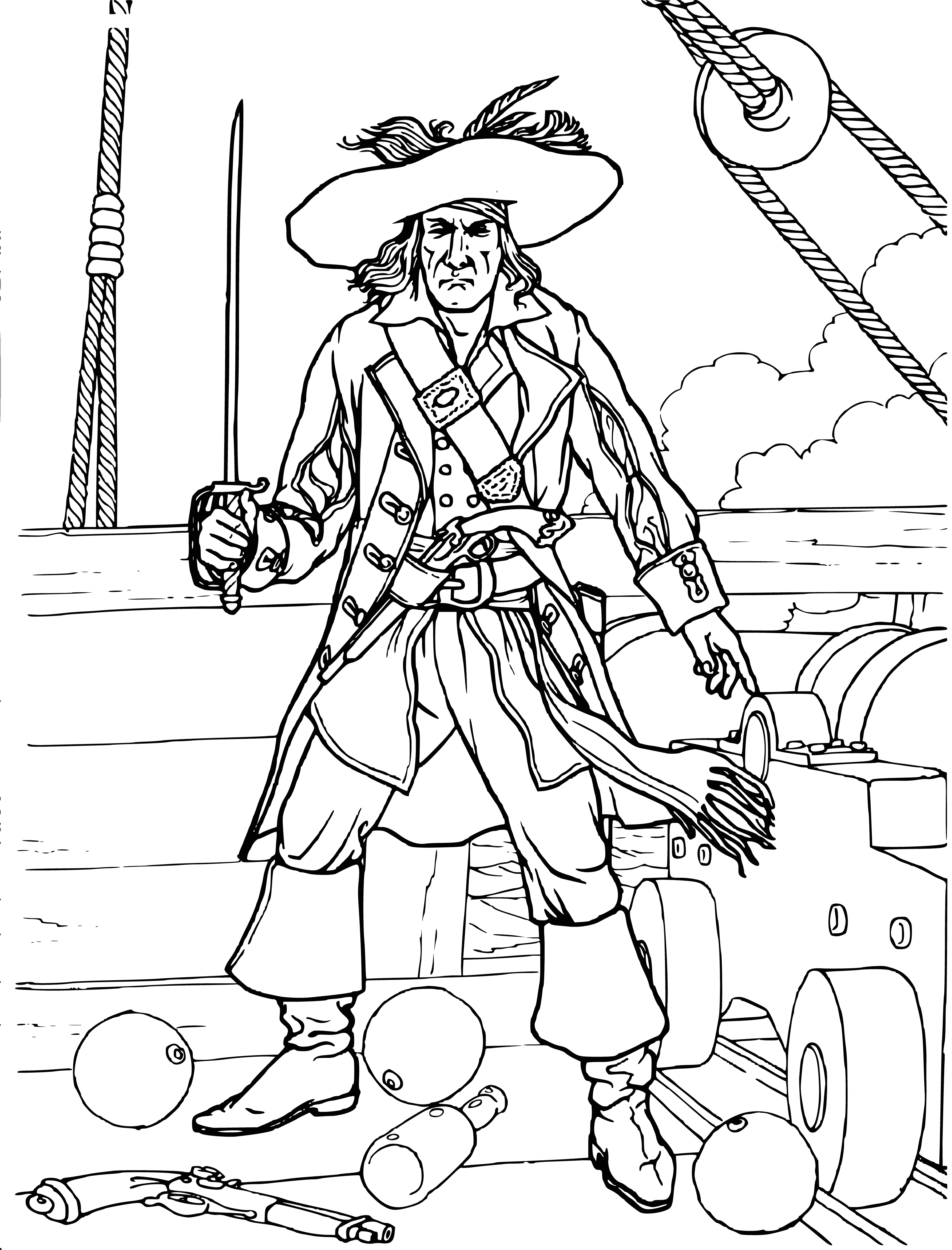 coloring page: Man in tattered clothing, armed with sword, readying for fight aboard large ship. Sailors waiting on deck. Ready for battle!