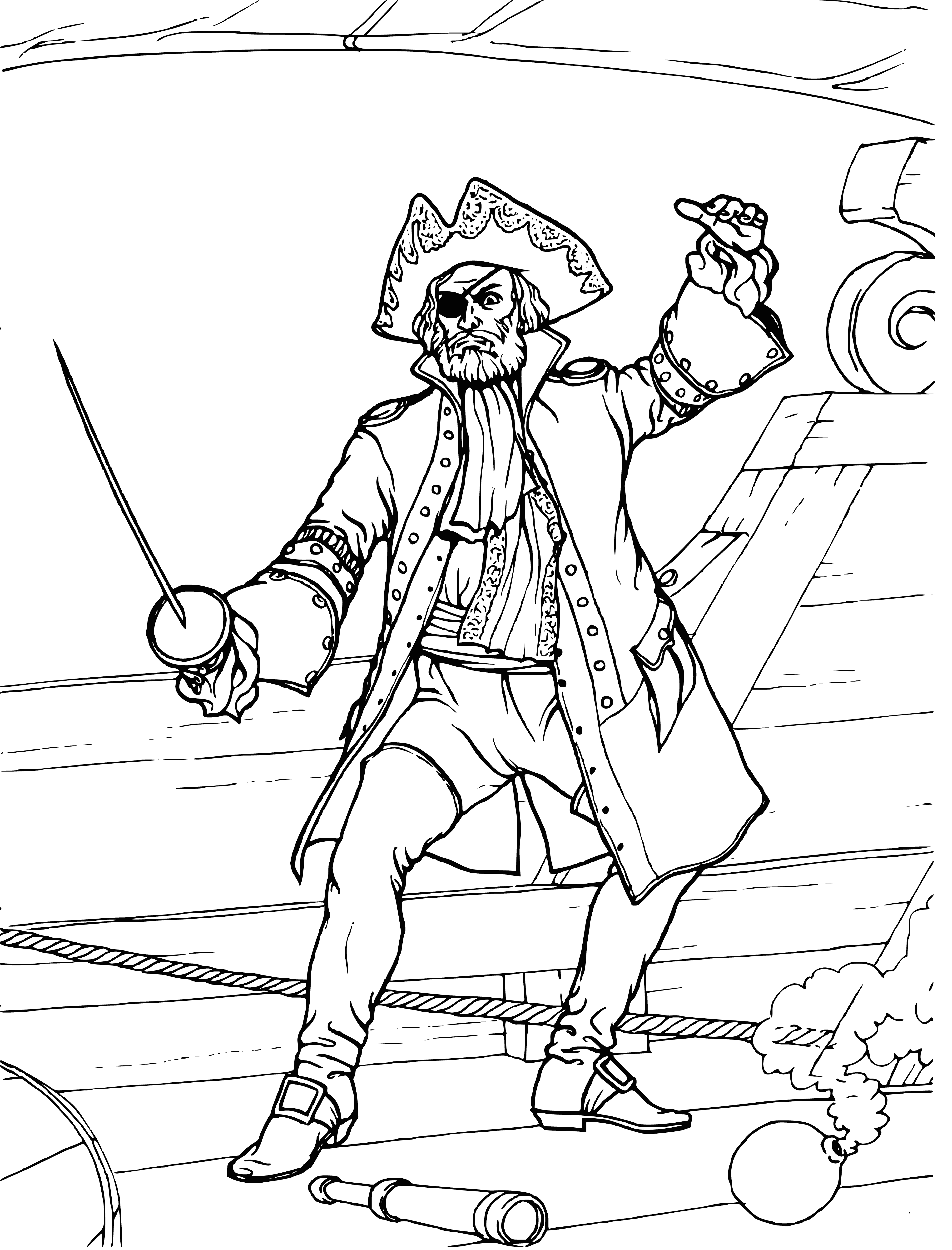 coloring page: Pirate wields sword & knife, wearing bandana, shirt w/vest, pants w/belt & sword holster, patch over one eye & earrings in both ears.