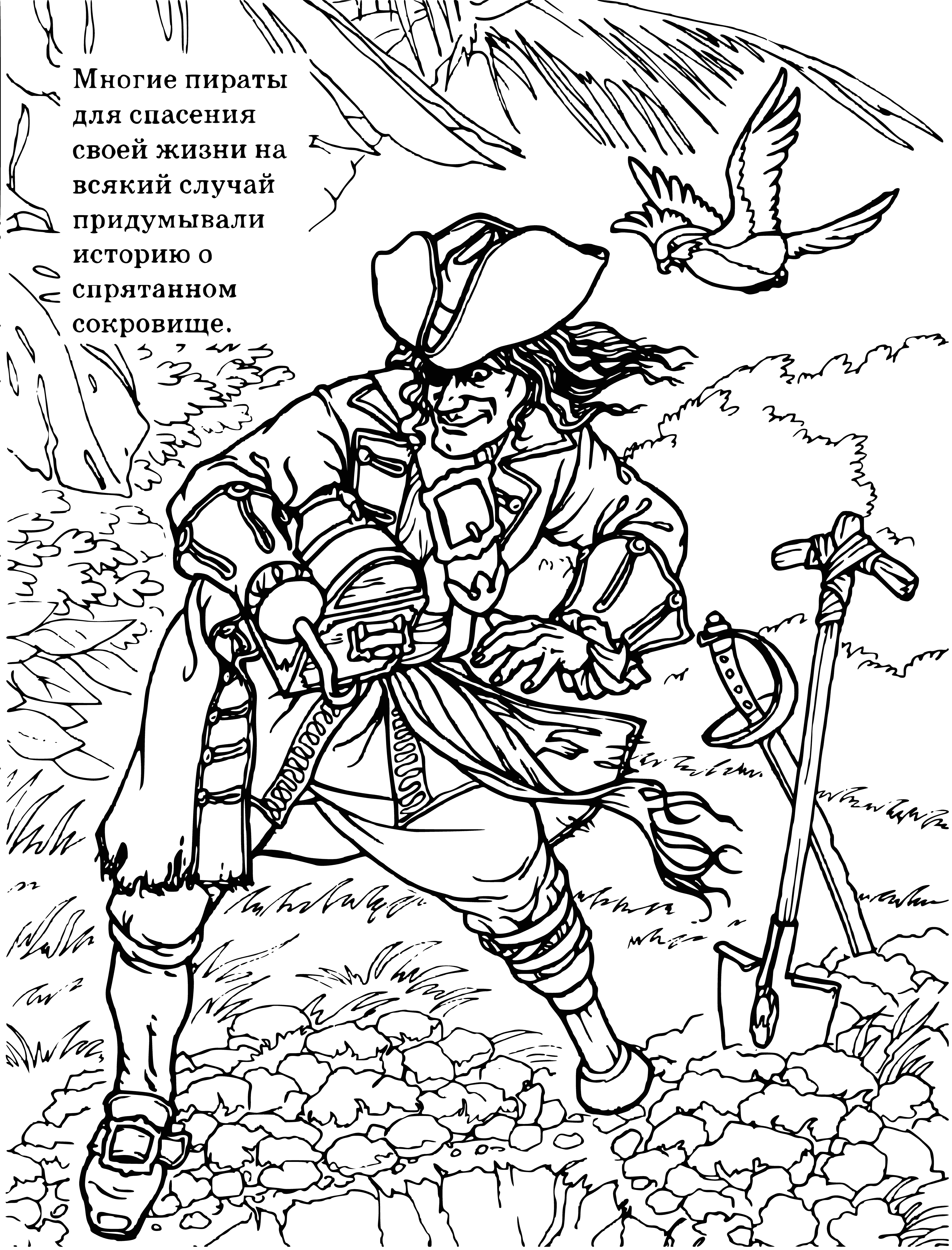 coloring page: Pirates gathered around a treasure chest; swords, daggers, pistols, guns - they ready to fight for their new treasure! #pirates #treasurehunt