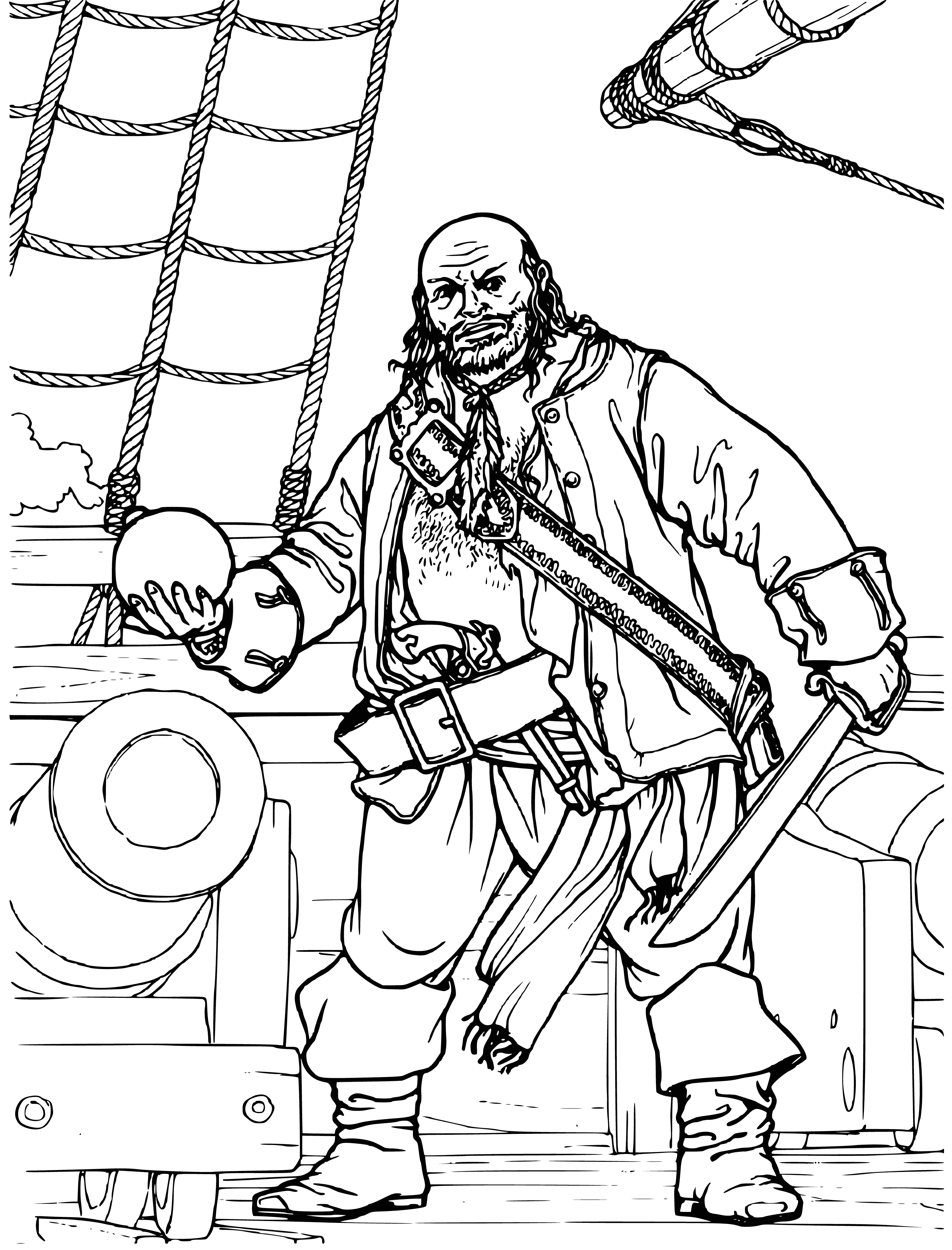 coloring page: 2 rifles, skull w/crossbones, pipe, saber, pistol & hat amidst ammo.