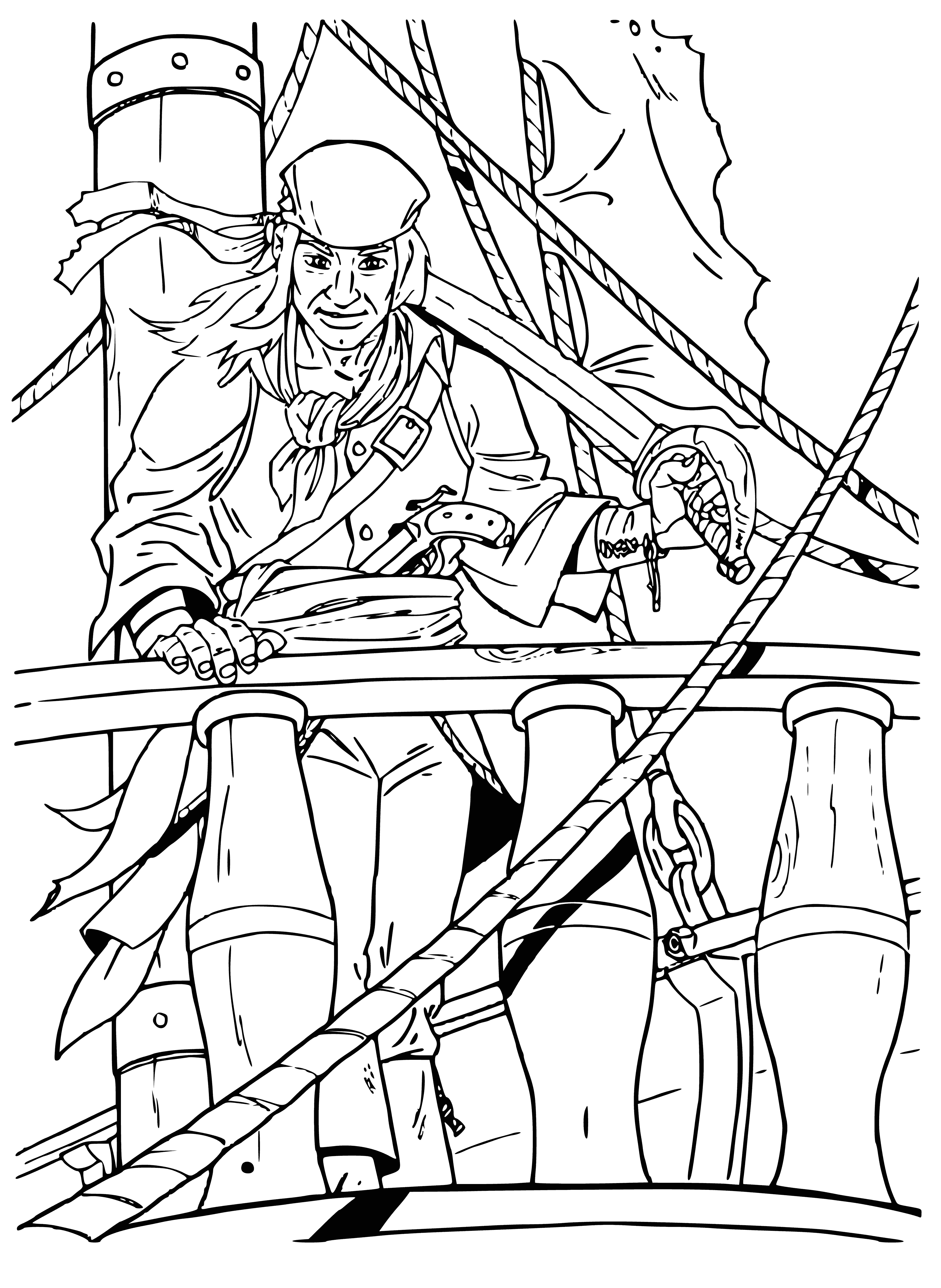coloring page: A man stands with a flag, sword, pistol and coat, holding the future in his hands.
