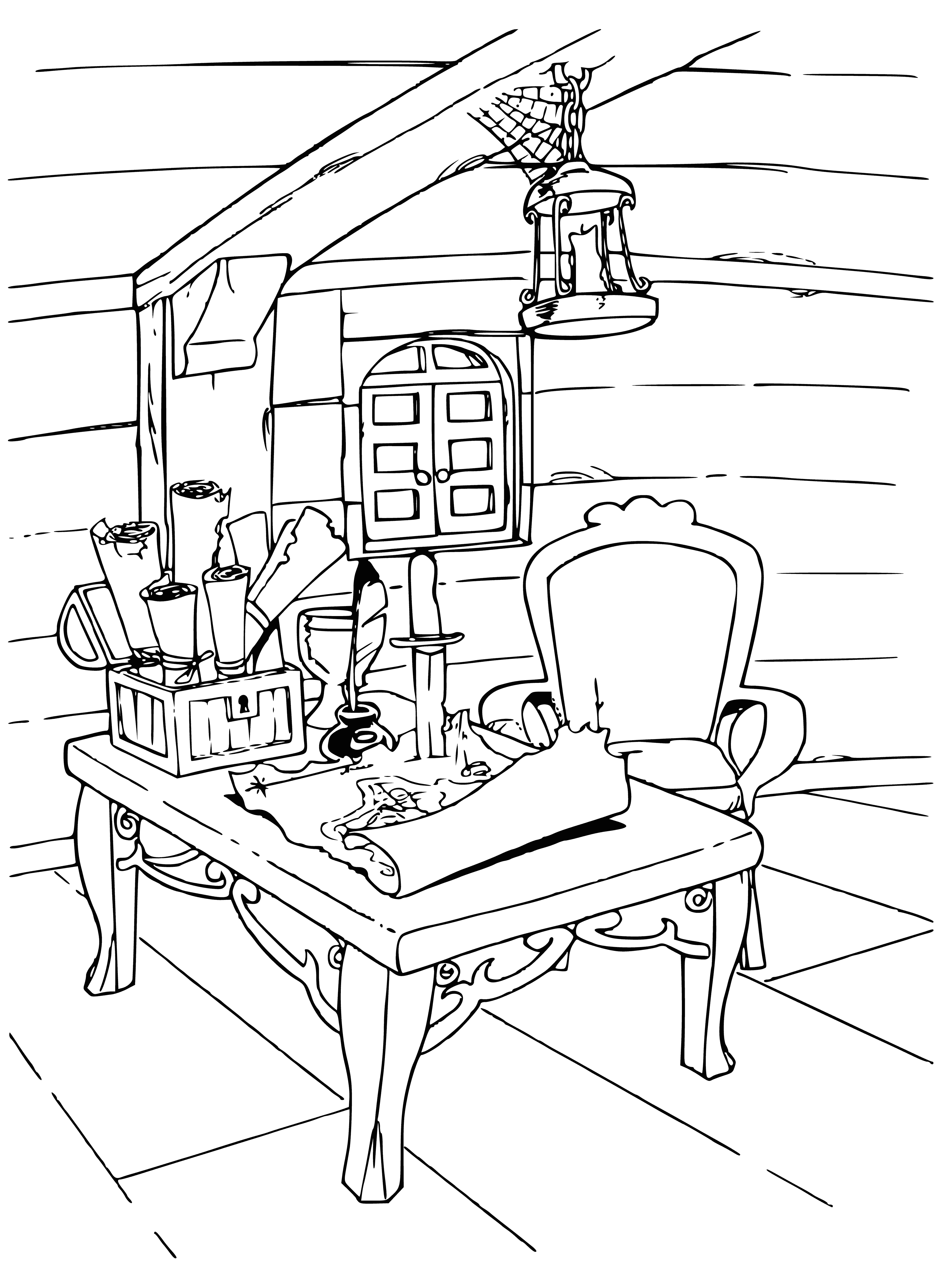 coloring page: Tiny cabin, futon, desk with maps, shuttered window, door in center.