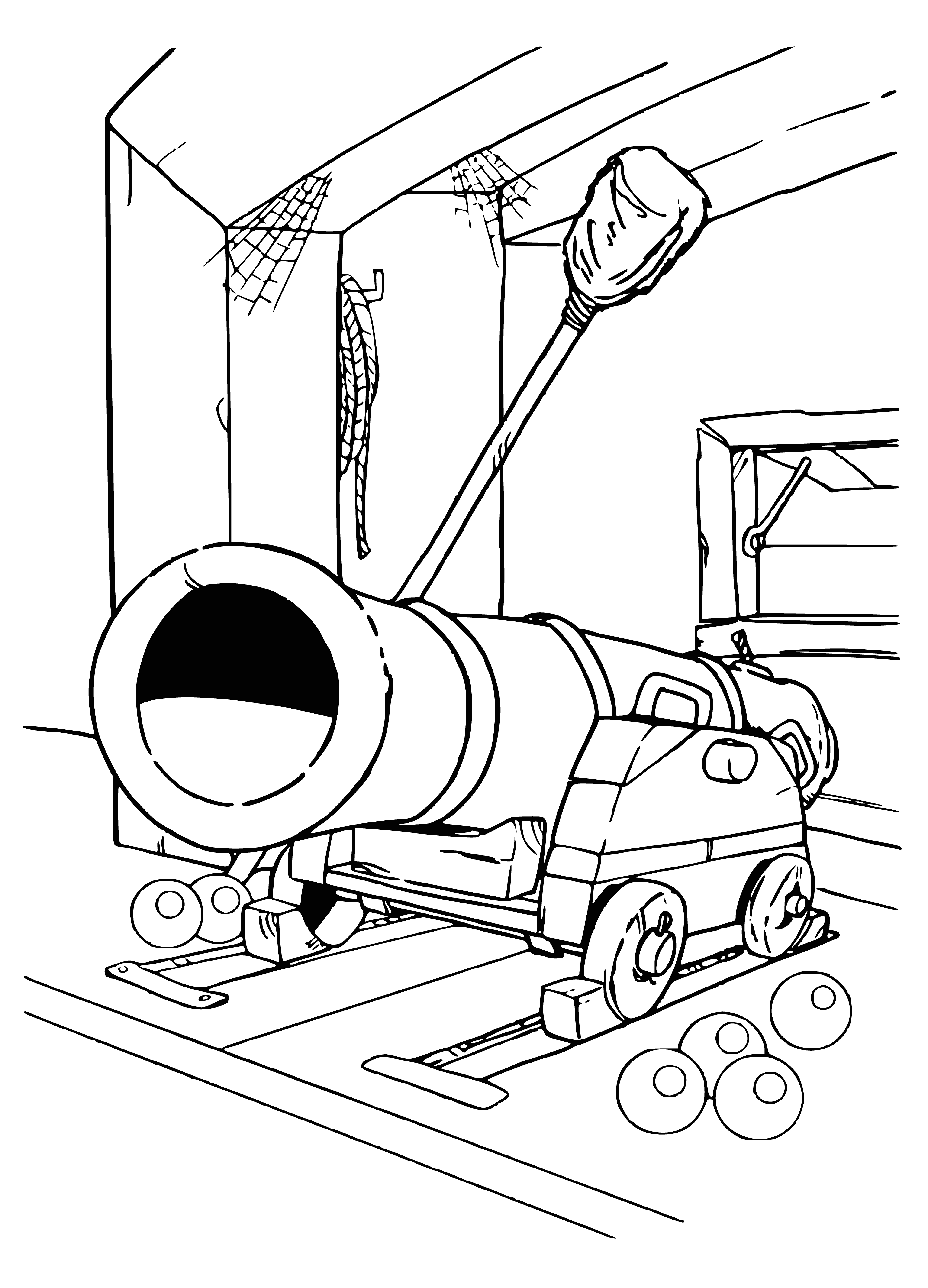 coloring page: Large metal cannon w/ long barrel and 2 handles. Small door at back. Placed on front, left side of ship. #maritimes #navalservice