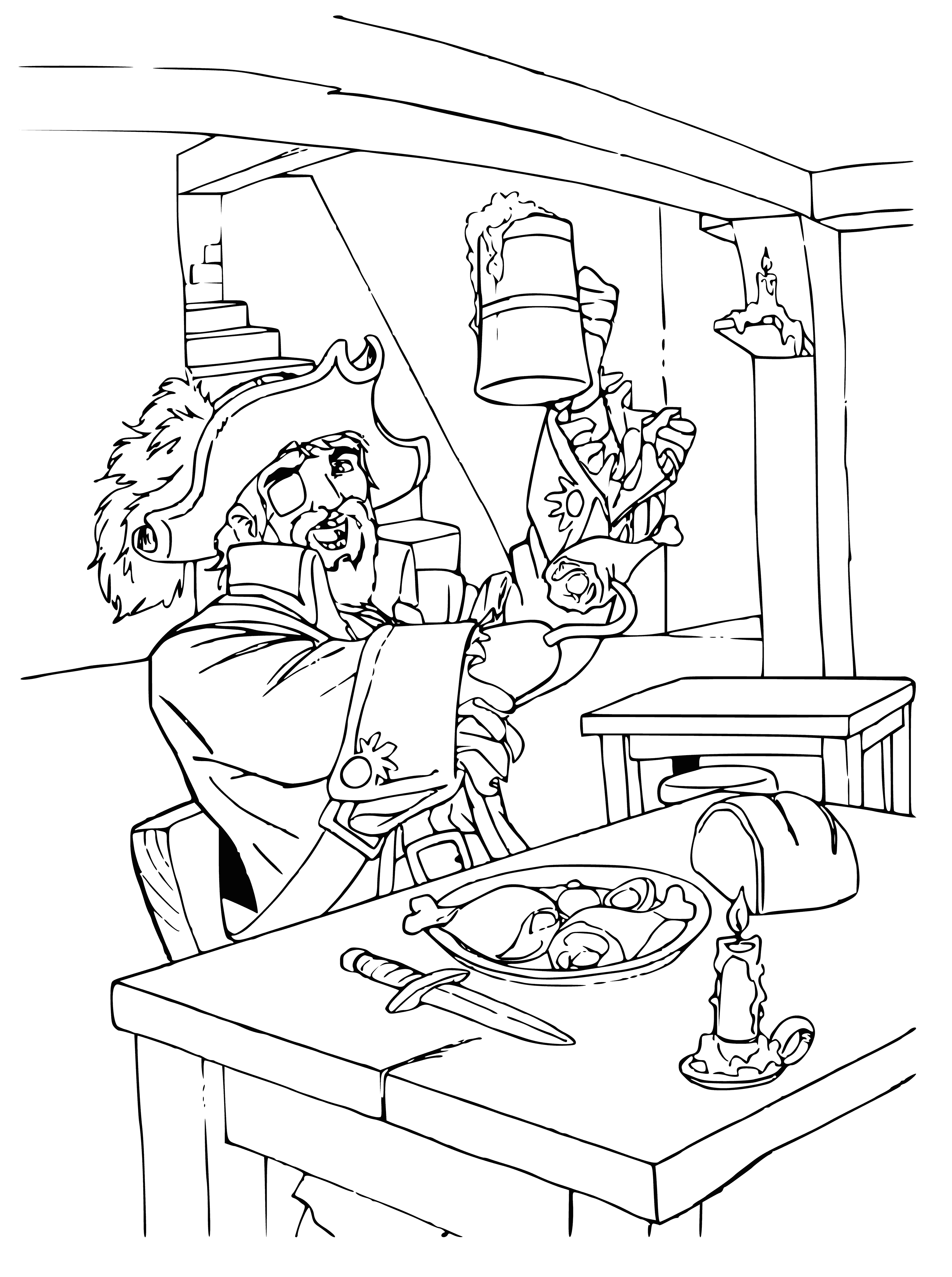 coloring page: Pirate Captain sits in a dark room, eating soup and plotting his course on a map. He has a sword and knife close by.