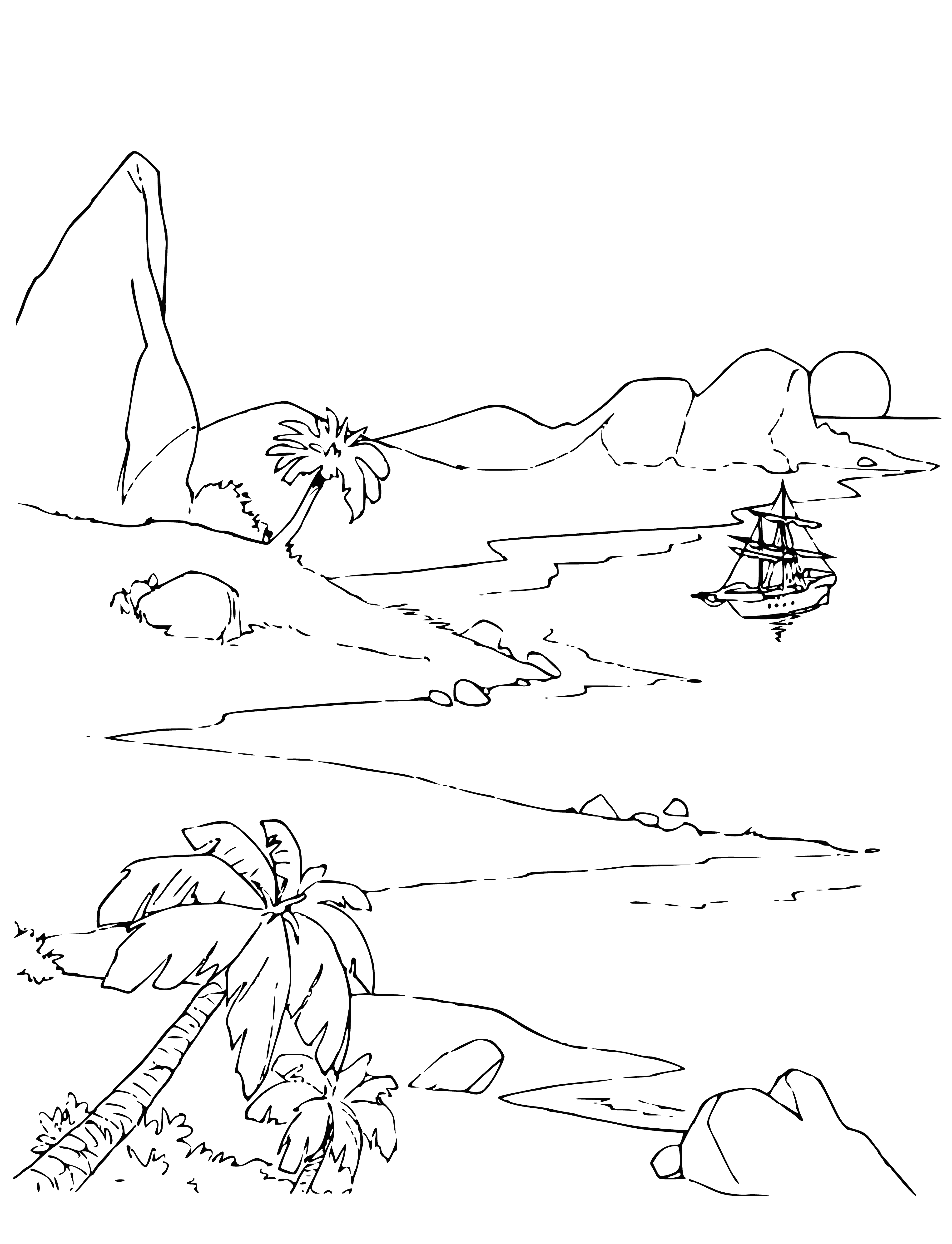 coloring page: Uninhabited island has rocky land, patches of grass, trees, and a body of water. #islandlife