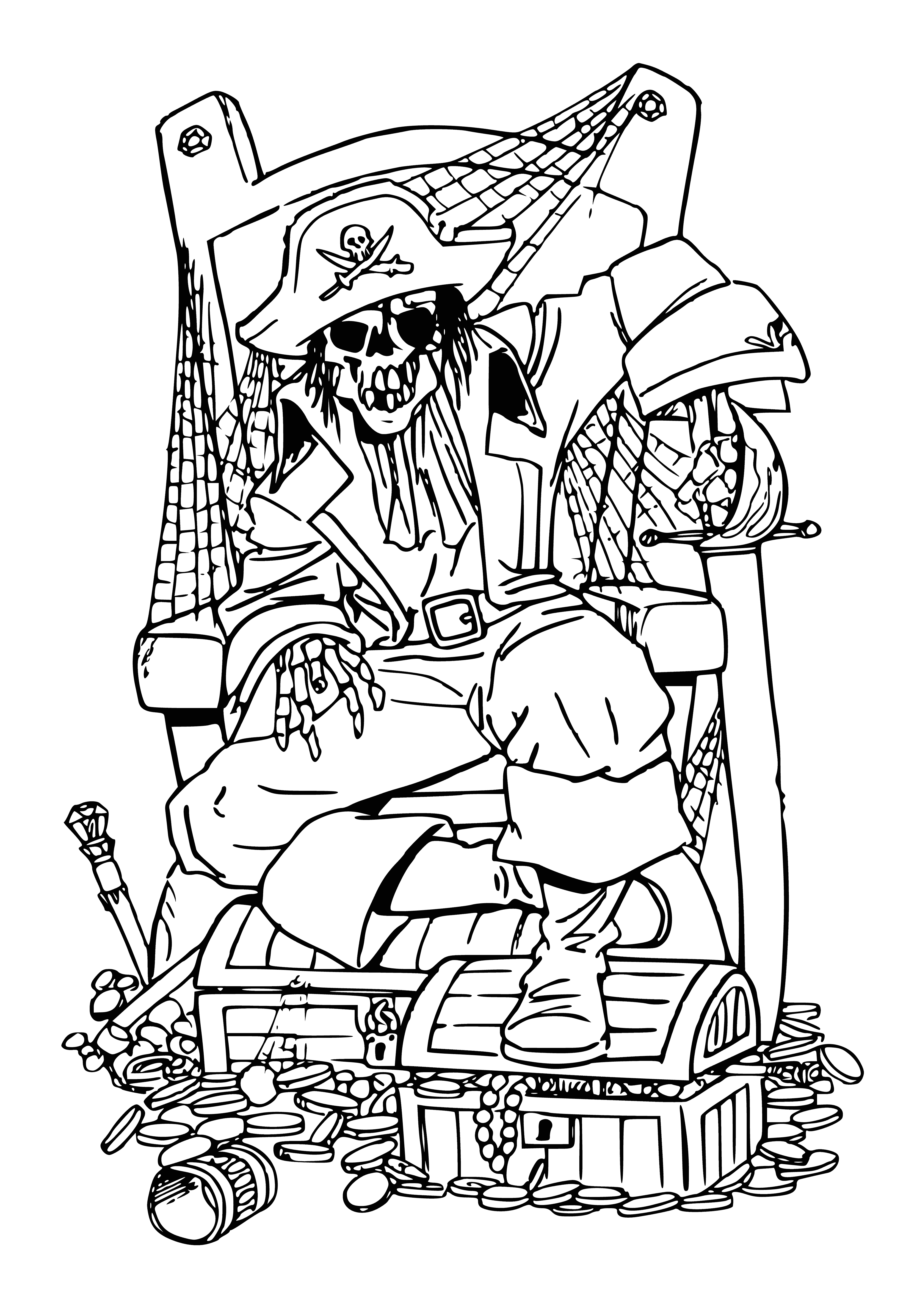 coloring page: The pirates encounter an old skeleton in a treasure chest, angrily looking back at them.