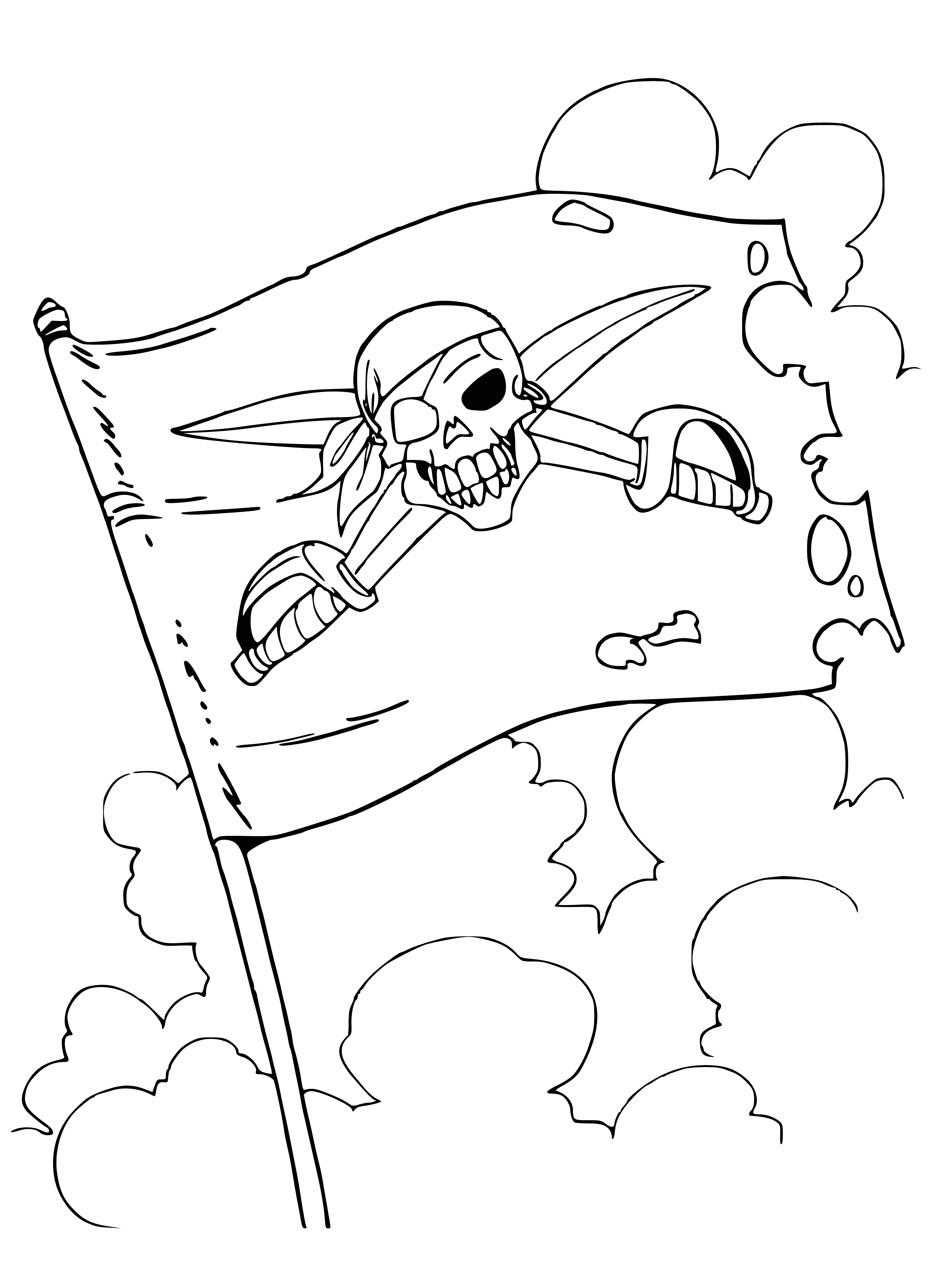 coloring page: Large ship sailing ocean w/ many sails & black flag w/ white skull & crossbones; small boats rowing towards it.
