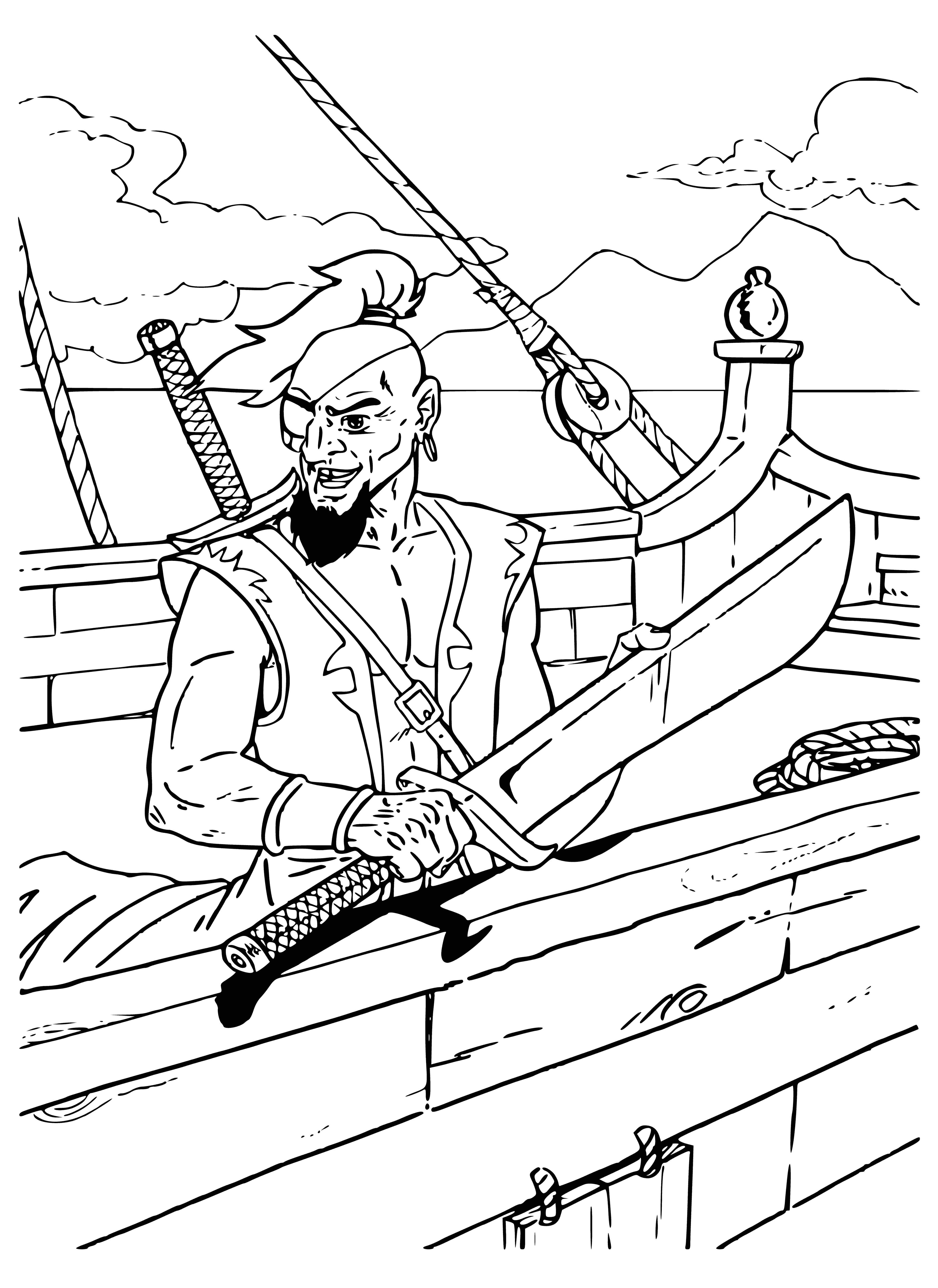 coloring page: Group of pirates on dock dressed in traditional pirate costumes, each with their own accessory: hat, eye patch, peg leg, scar. One holds telescope, another holds flag of skull & bones; large ship in background. #piracylife
