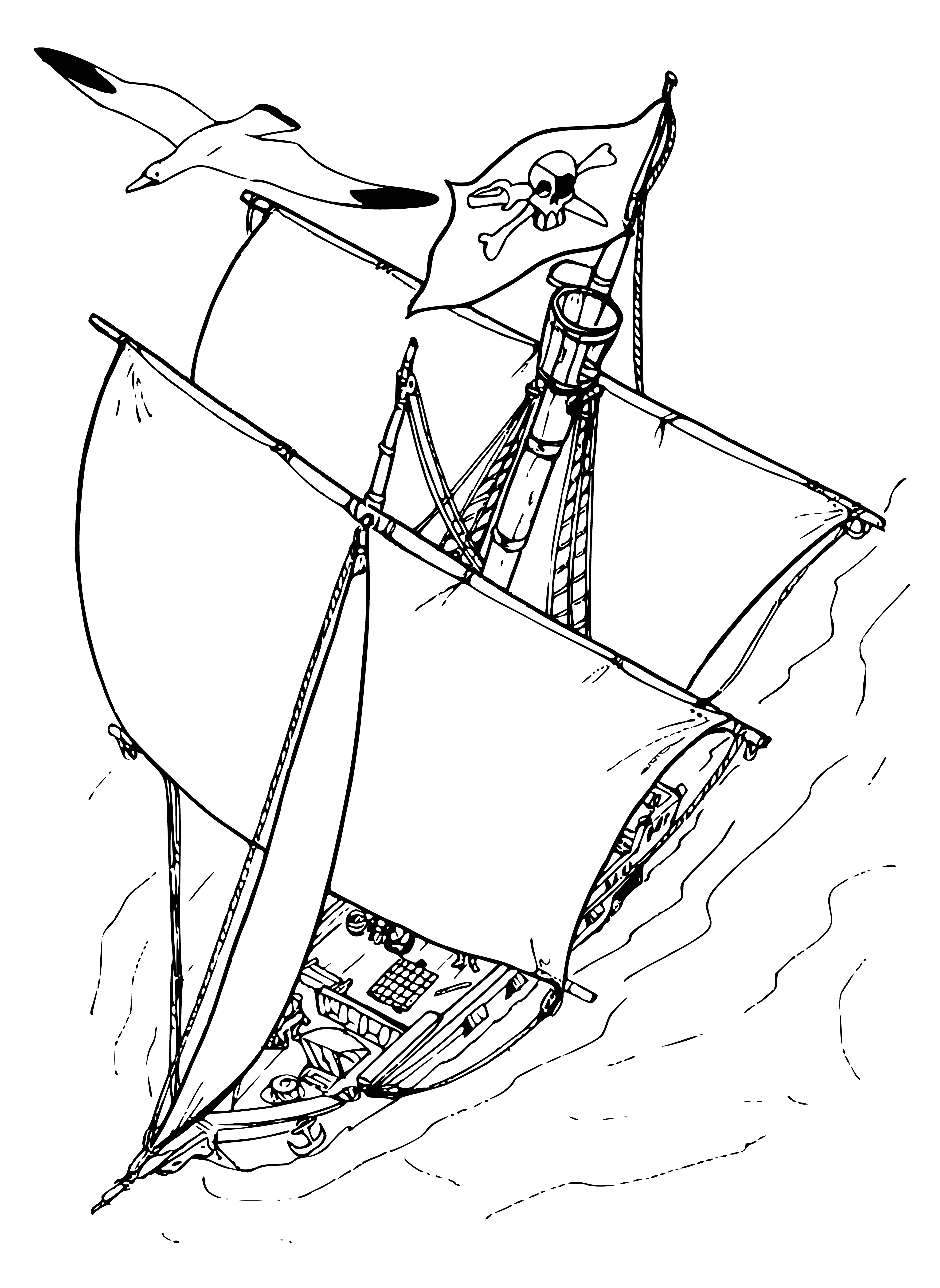 coloring page: A large ship with 3 masts & skull & crossbones flags has a large hole in its side, docked in a bay.