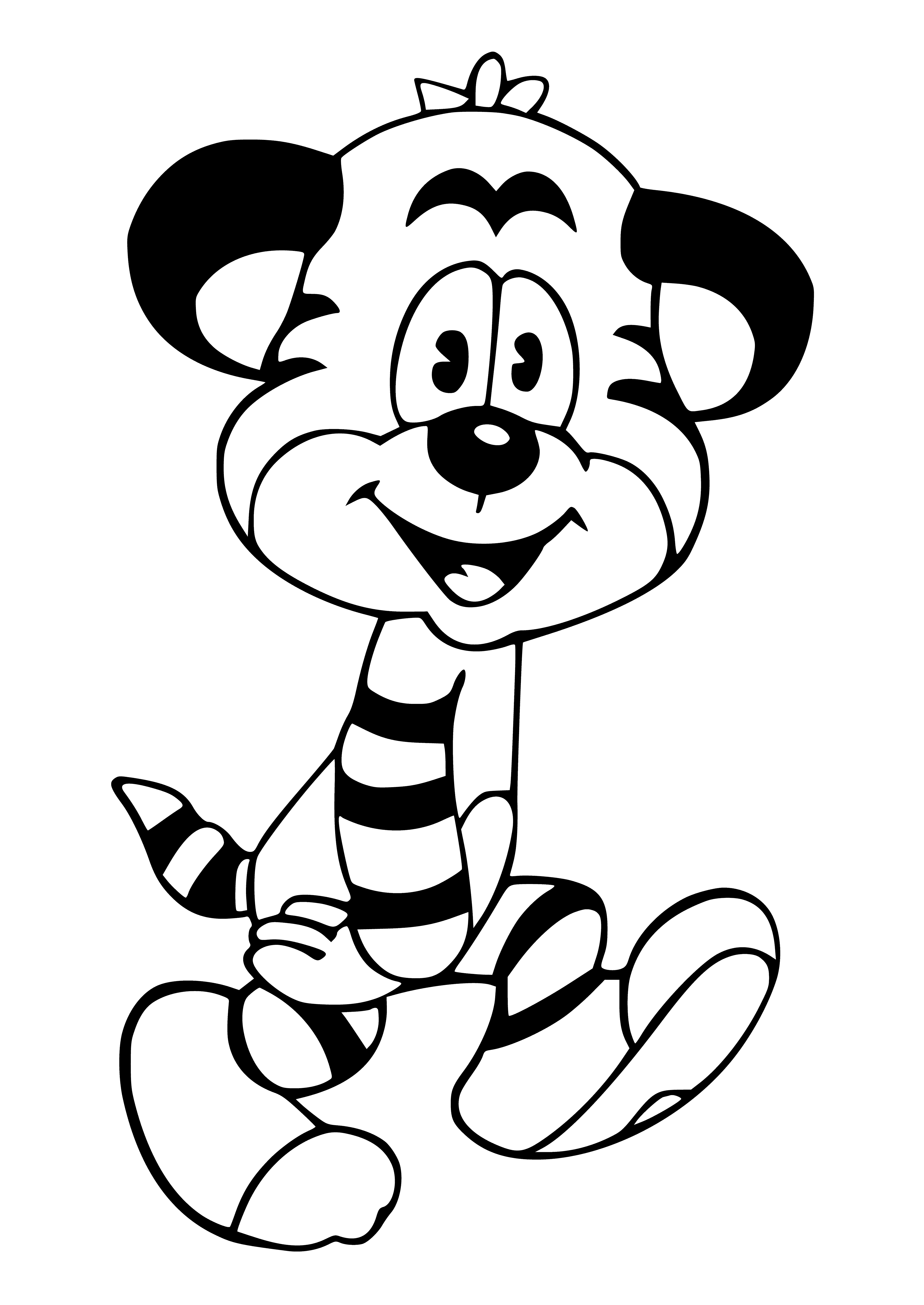 coloring page: A tiger cub relaxes in the sun, paws up in the air, on the road with clouds in the sky.