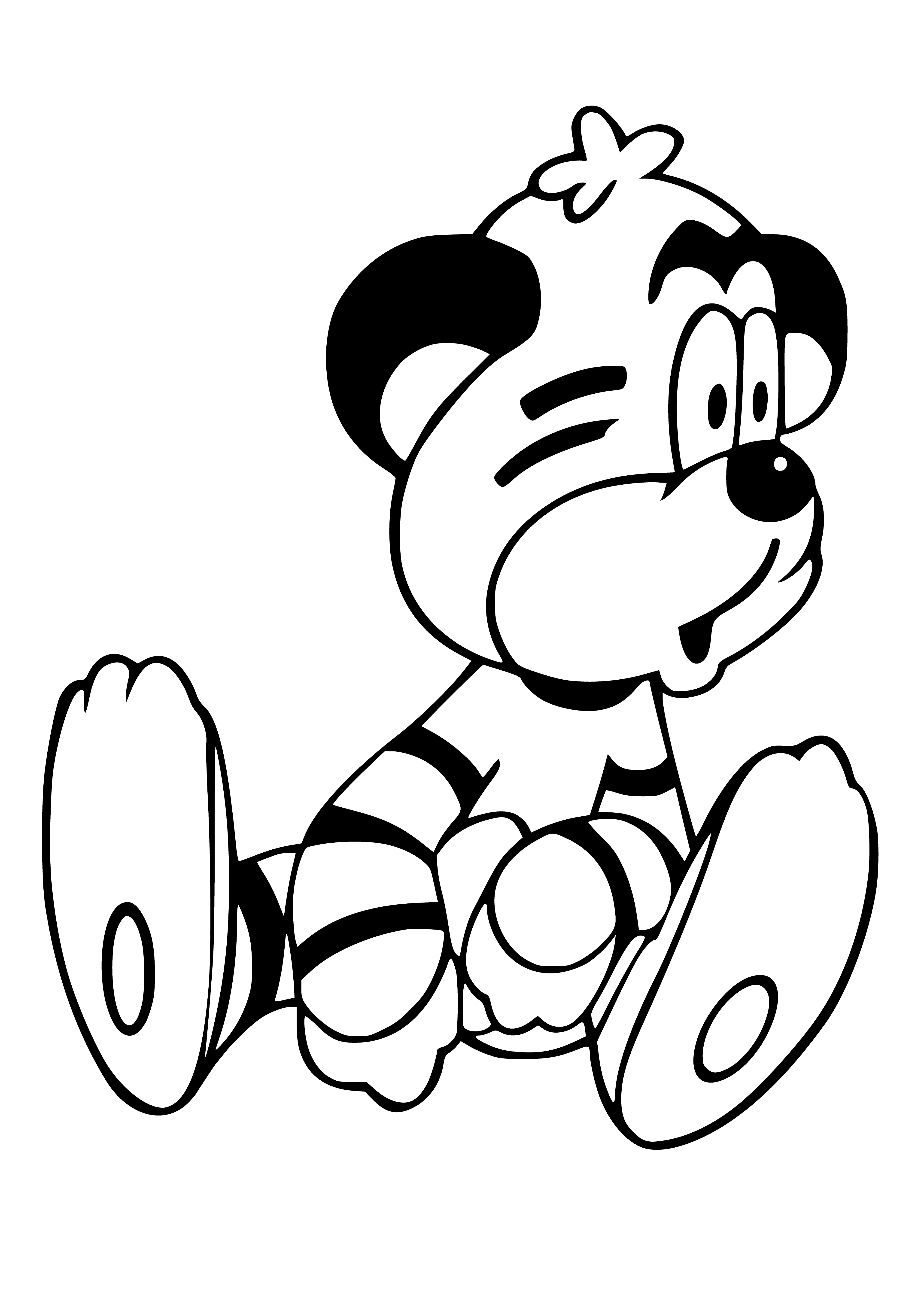coloring page: A fluffy clouded sky, an orange & black striped tiger cub with white belly and pointy ears–short legs and long tail.