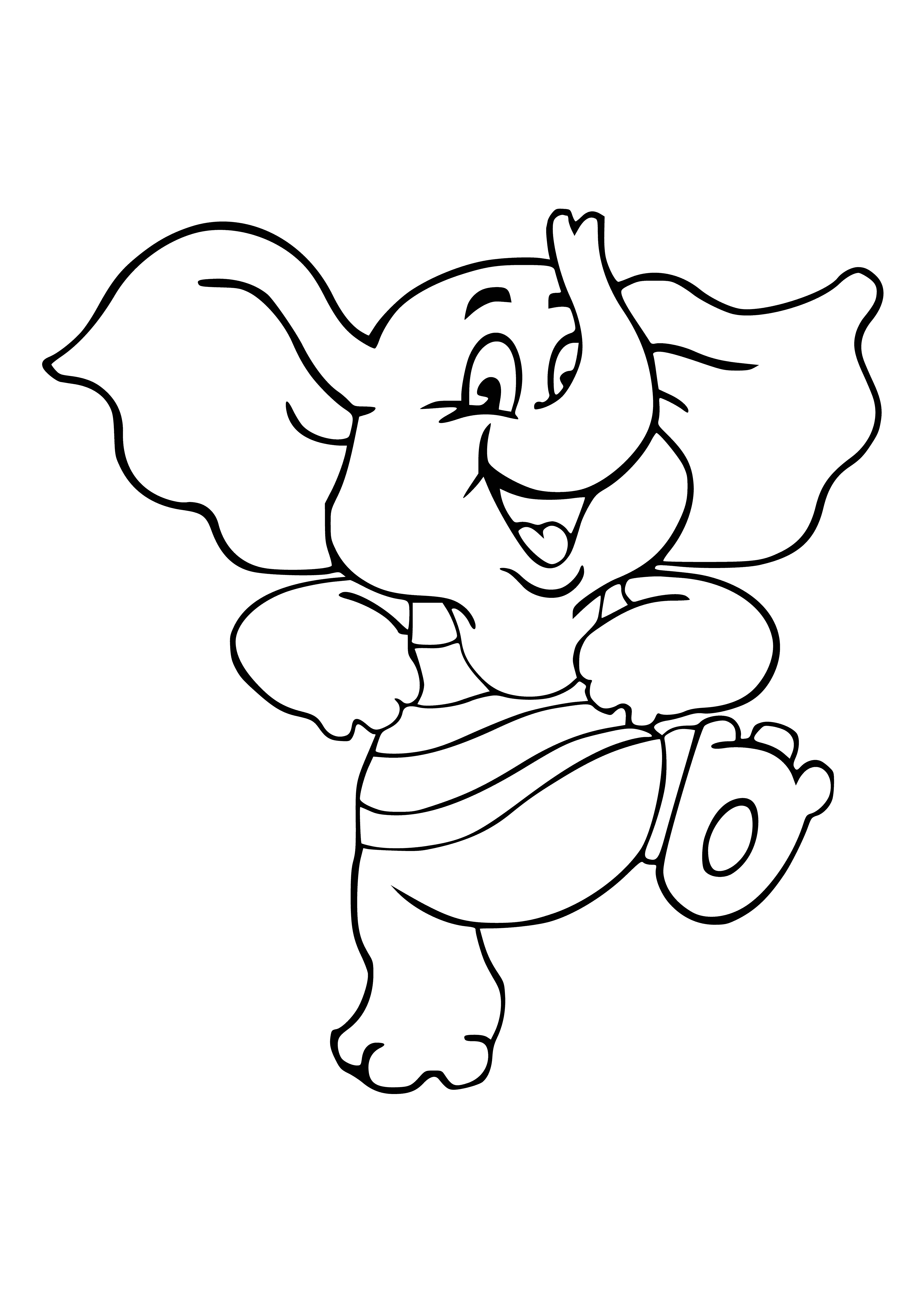 coloring page: An elephant stands in a cloudy but sunny field raising its trunk.
