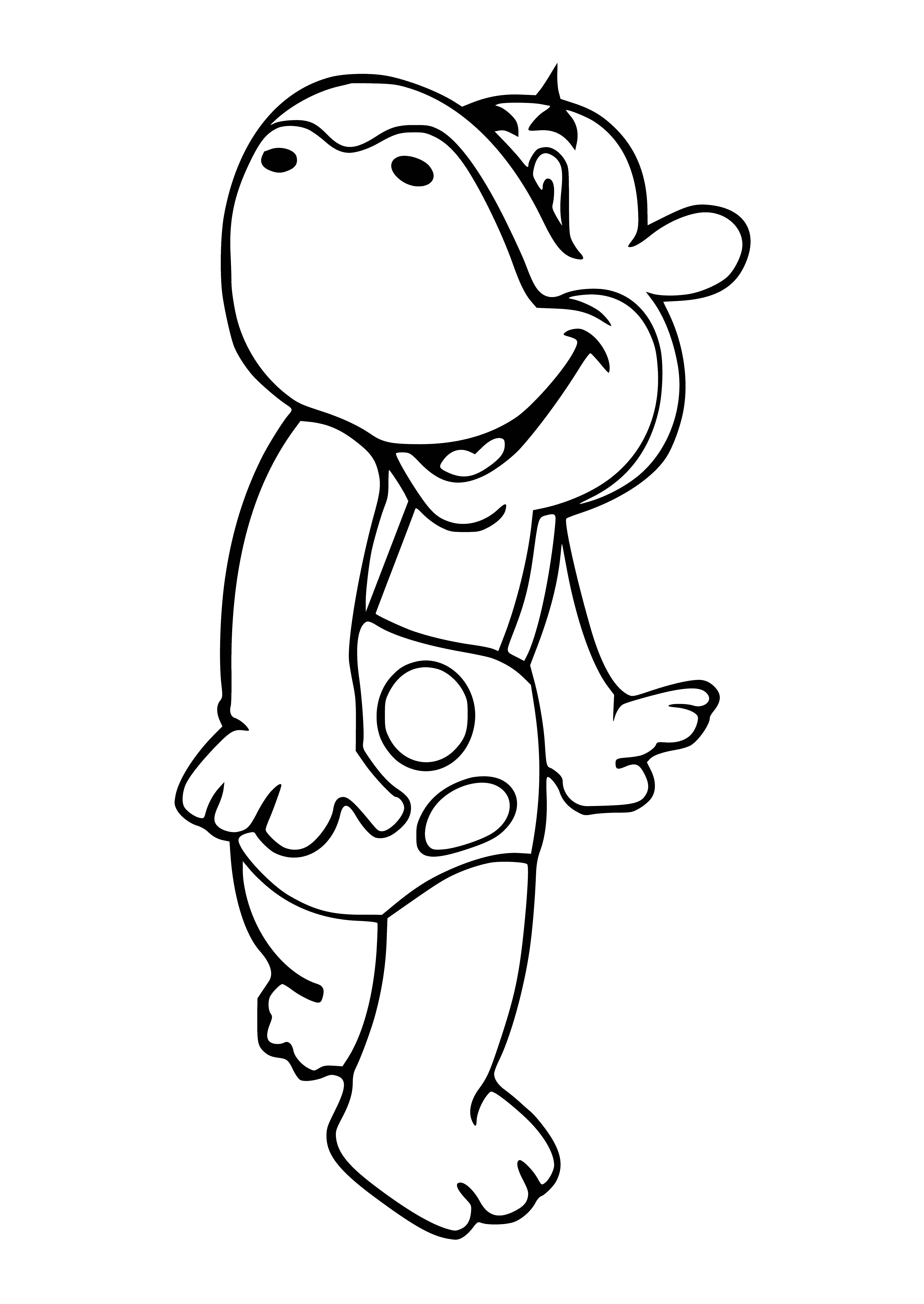coloring page: A hippopotamus smiling in a buttoned jumpsuit