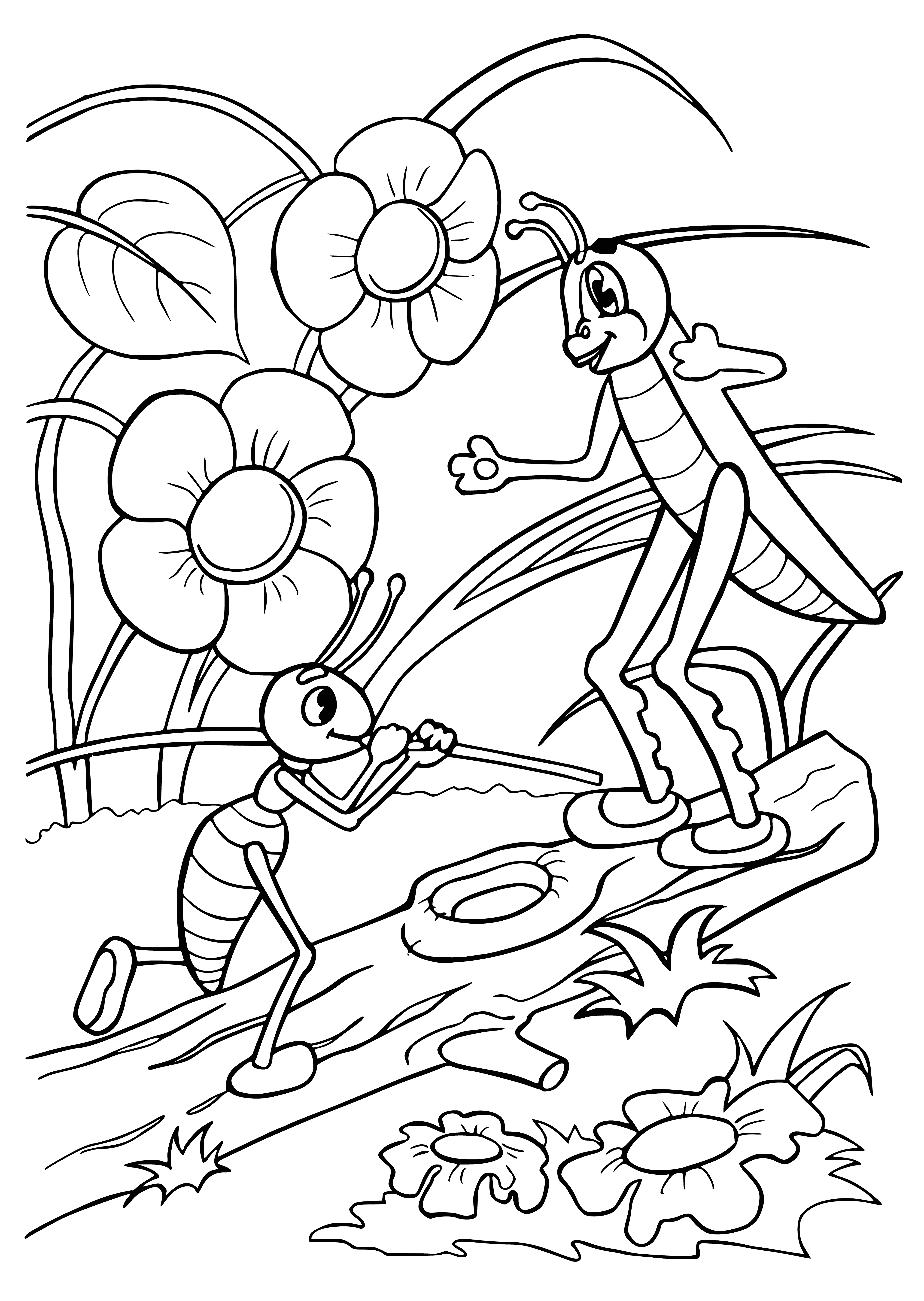 coloring page: Ant crawls on the ground, grasshopper sits on mushroom; legs crossed, hands behind back.