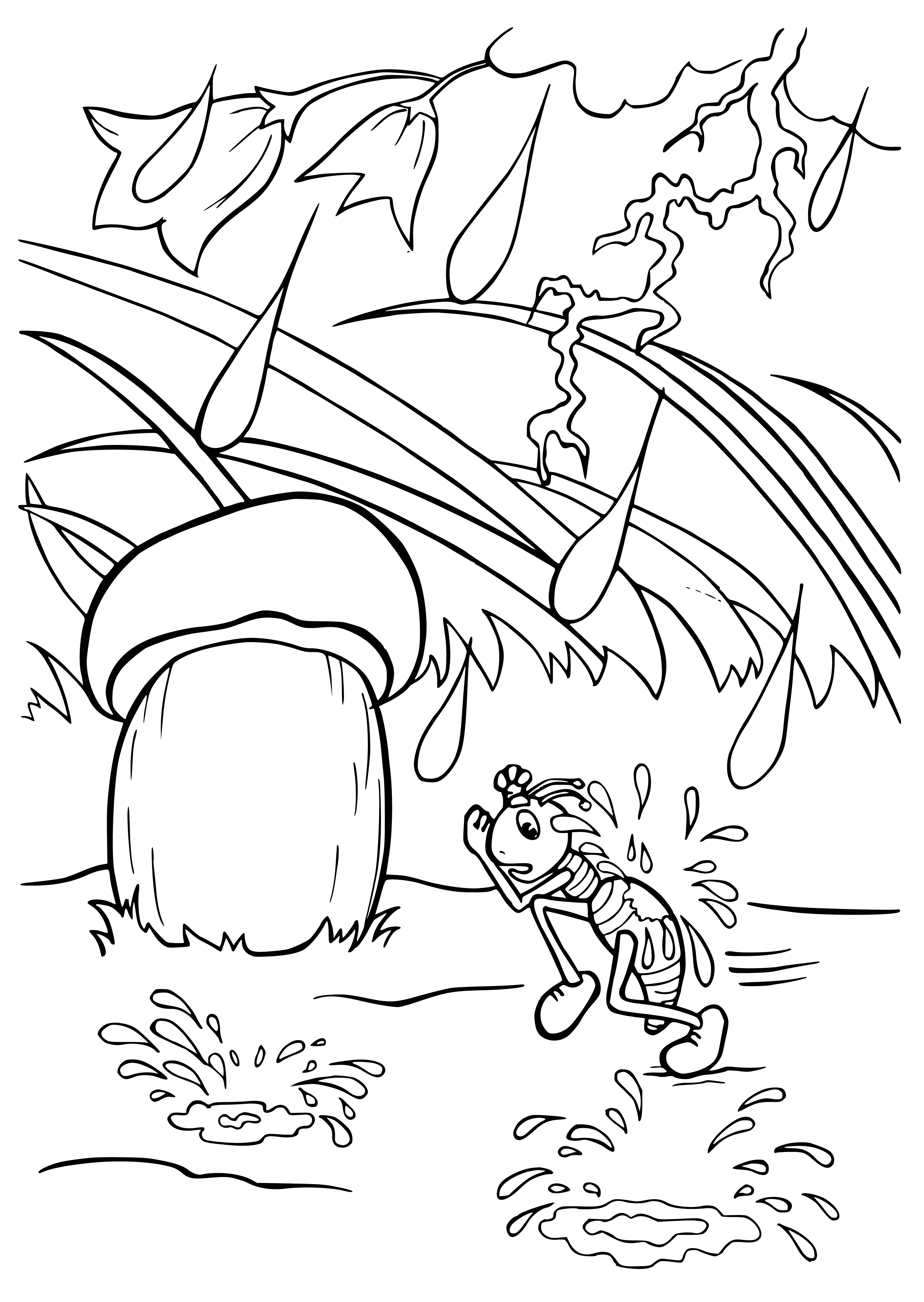 coloring page: Rain wet ground; mushroom under green tree; gray sky.