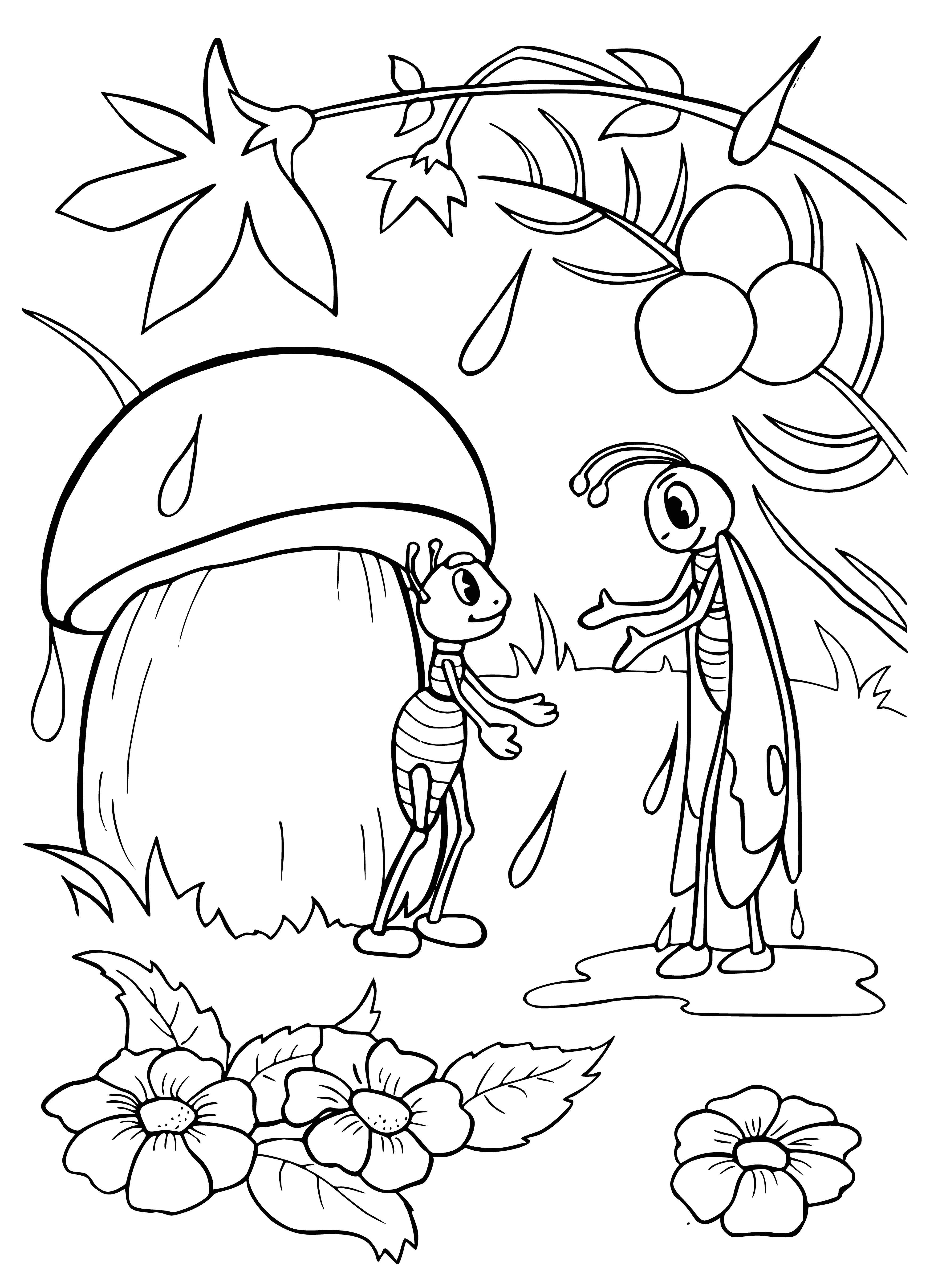 coloring page: A butterfly and ant peacefully share an afternoon on a mushroom next to a babbling stream.