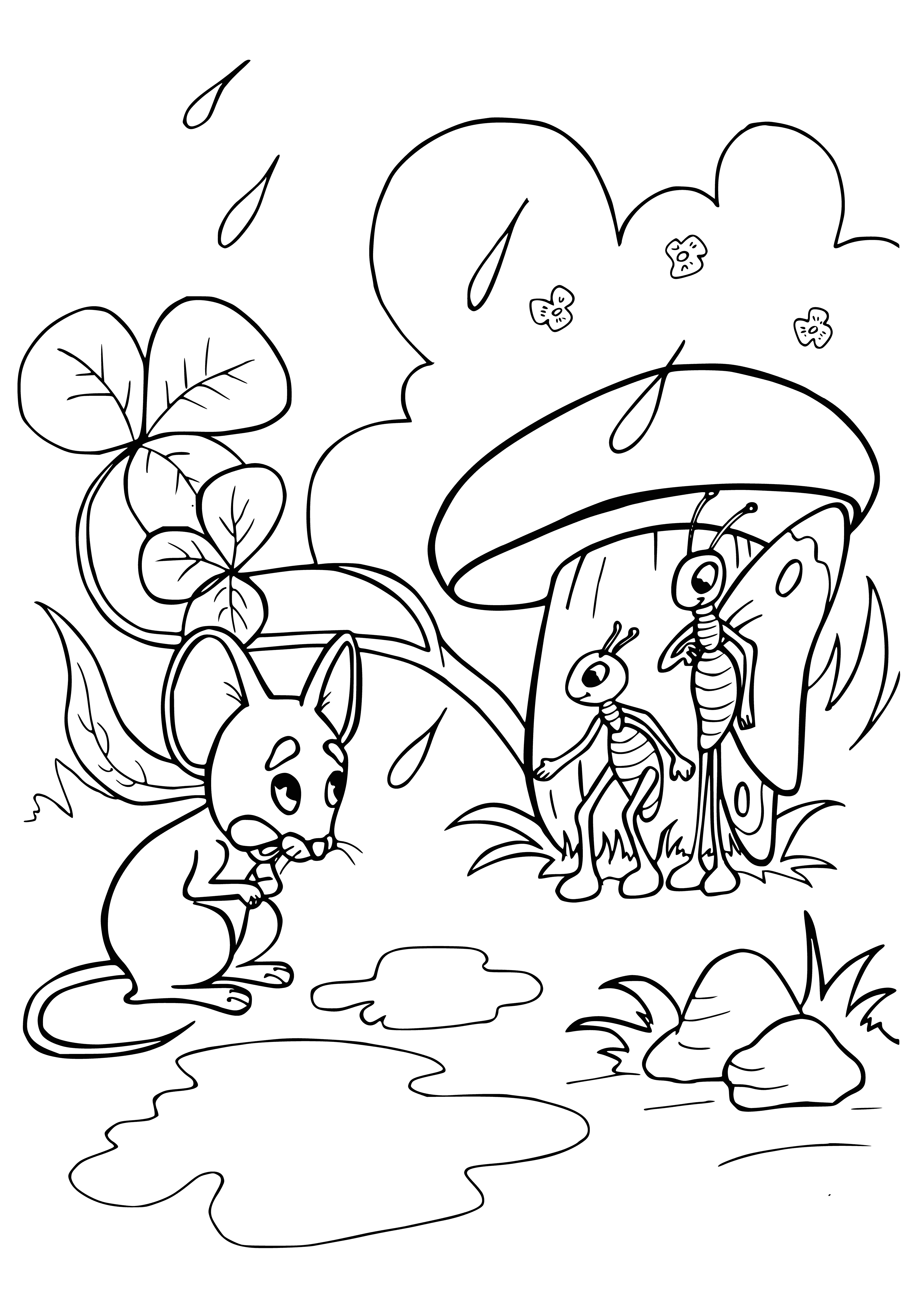 coloring page: A small brown mouse is sniffing a large, spotted red & white mushroom growing from the ground, standing on its hind legs with a long thin tail.