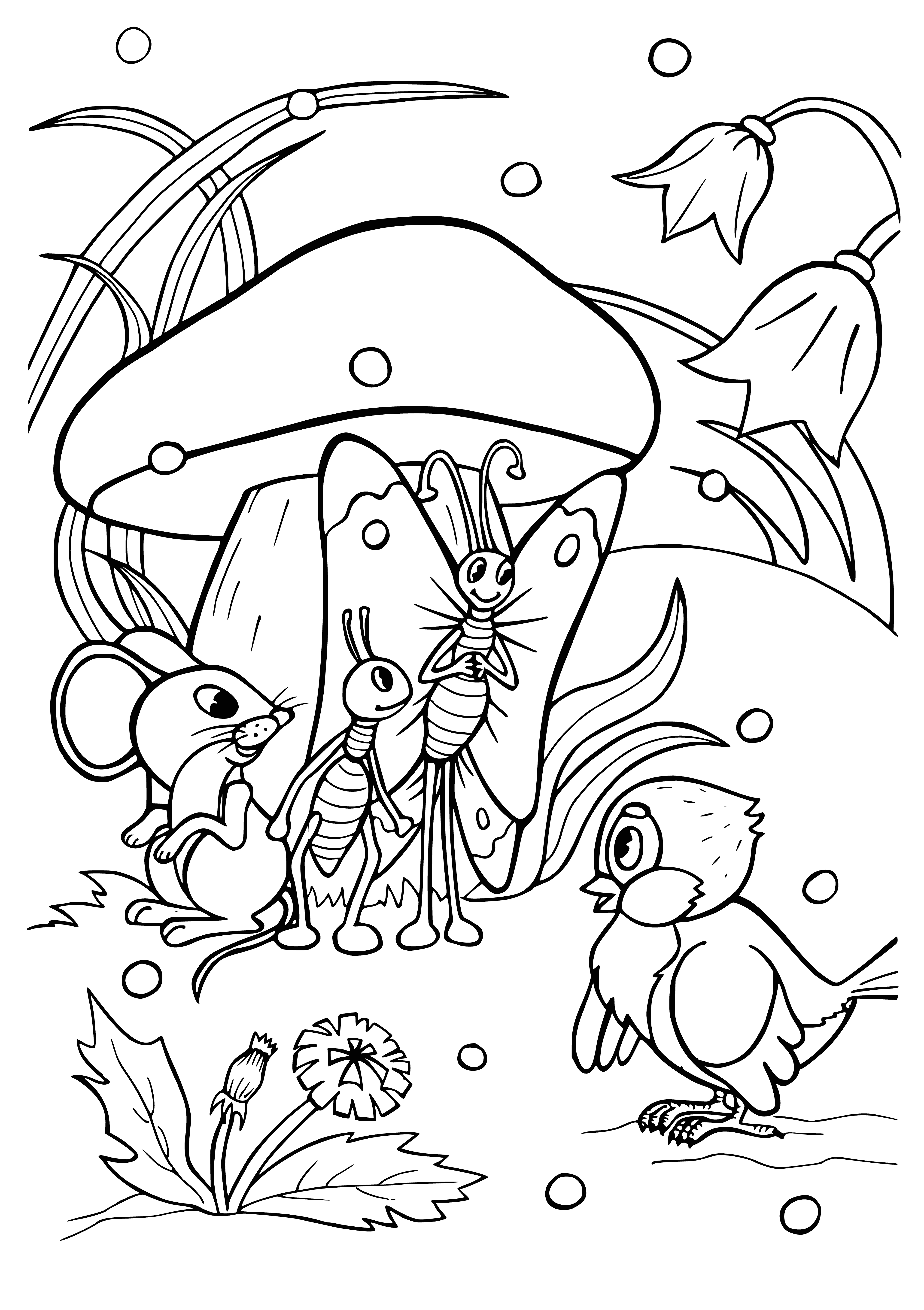 coloring page: A sparrow perched atop a brown-and-white-spotted mushroom with brown and gray feathers, a yellow beak and black eyes.