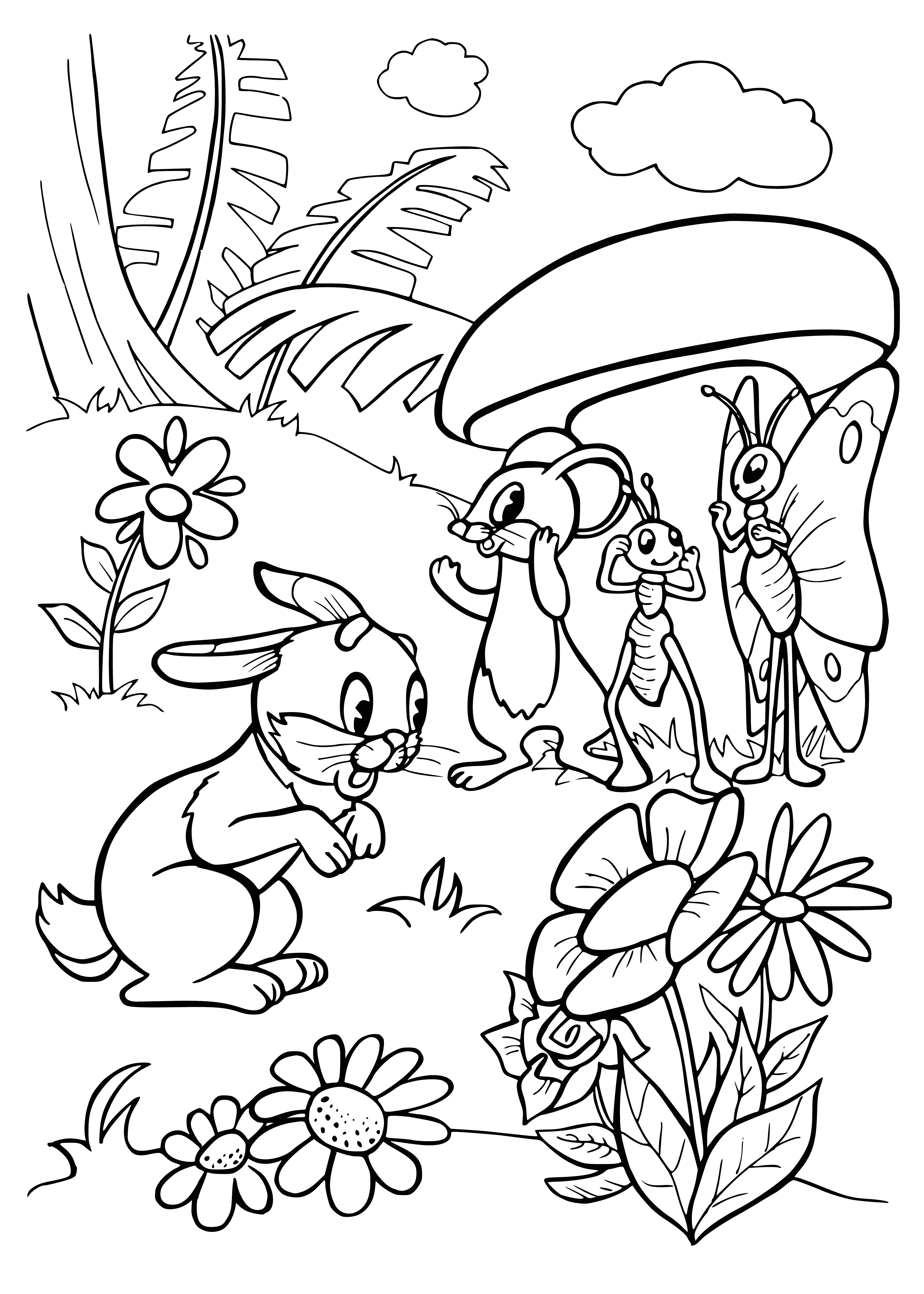 coloring page: Creature hiding behind a brown mushroom, surrounded by green leaves and grass. #coloringpage