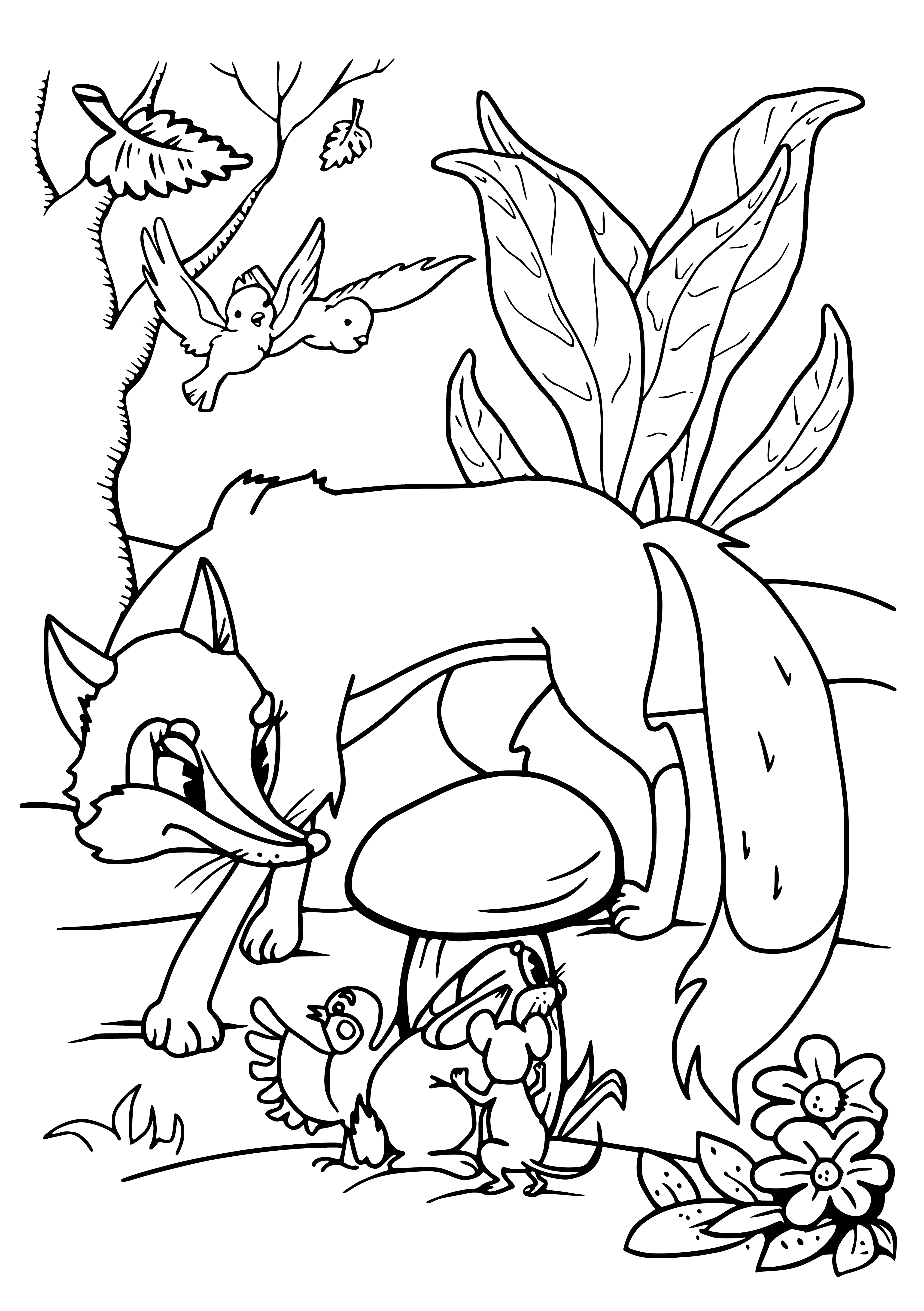coloring page: Girl talks to big mushroom in dark forest; sadness on her face.