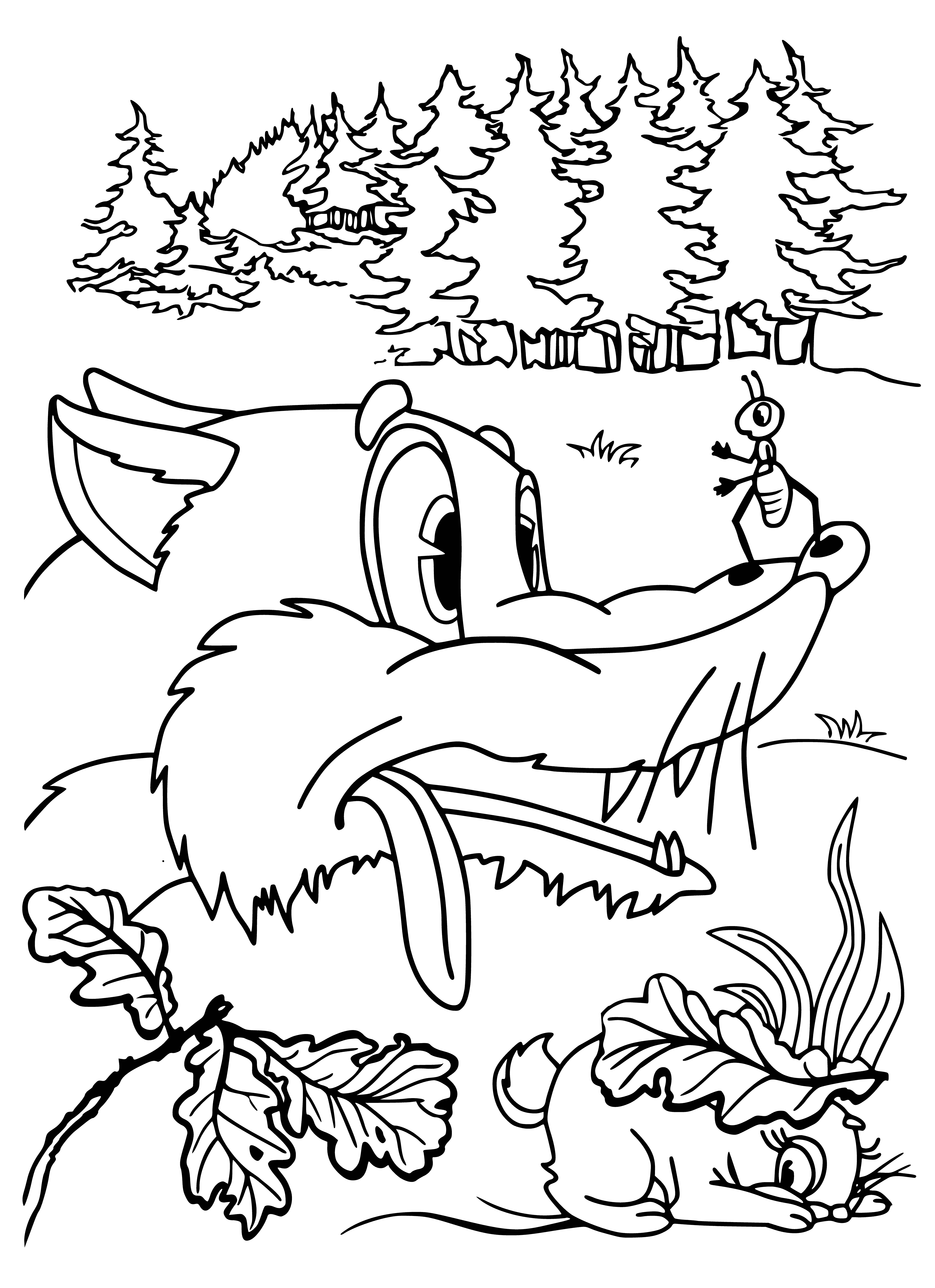 coloring page: Ant crawls on sleeping hare's head, its size so much smaller.